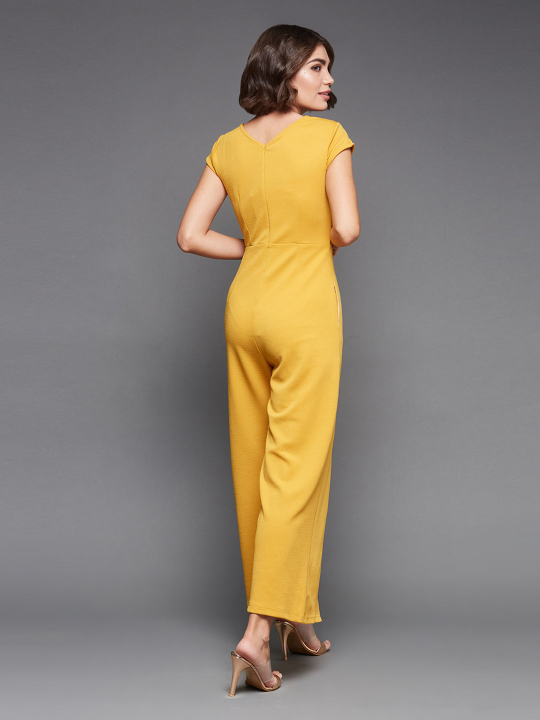 Crease Ease Women's Mustard & Golden Sequined Party Jumpsuit