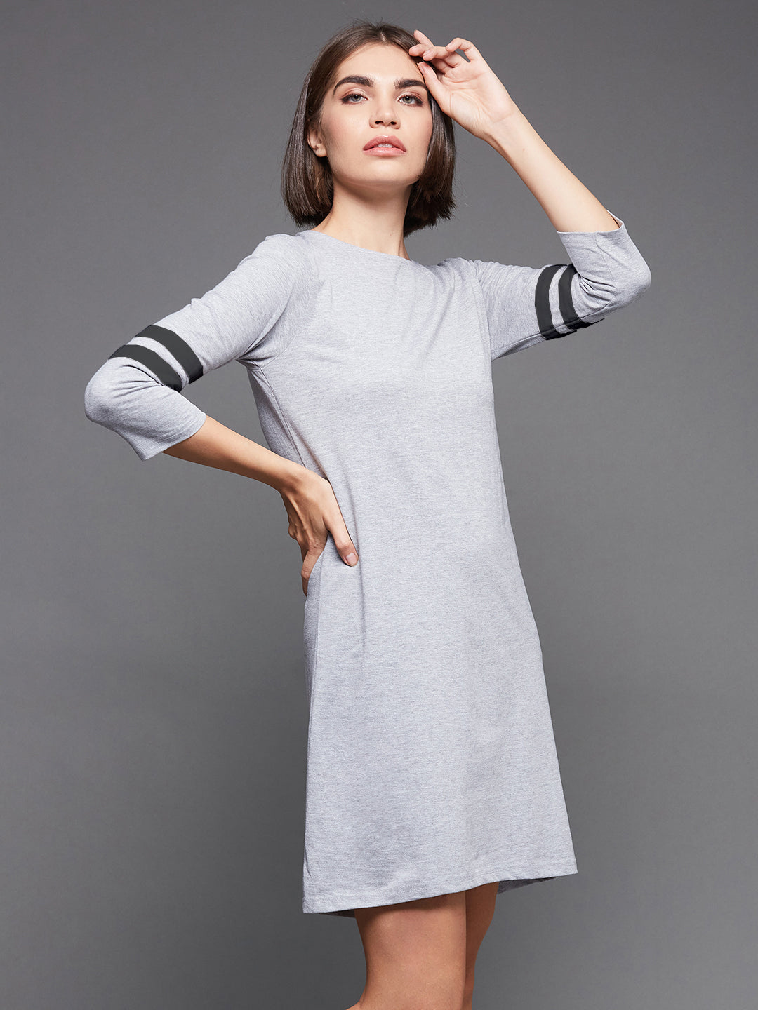 Women's Light Grey Round Neck Full Sleeve Cotton Solid Knee-Long Shift Dress
