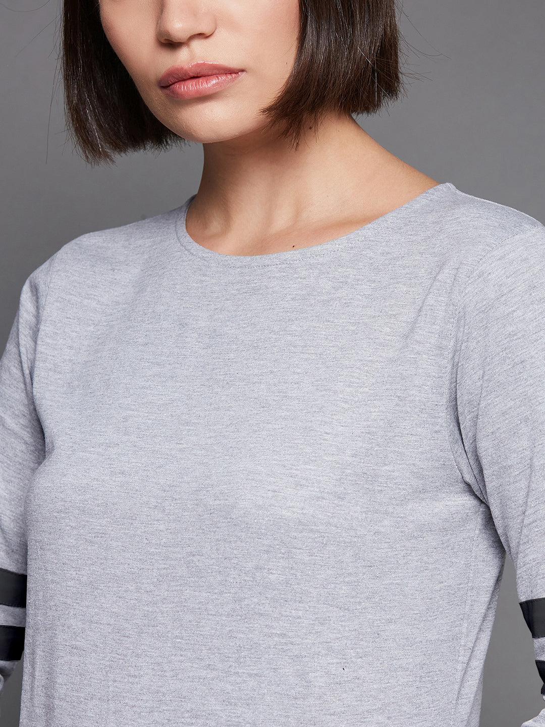 Women's Light Grey Round Neck Full Sleeve Cotton Solid Knee-Long Shift Dress