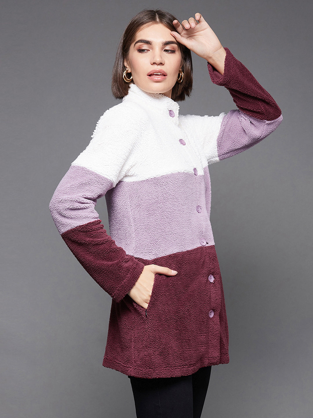 Women'S Multicolored Mandarin Collar Full-Sleeve Colourblocked Tailored Longline Polyester Jacket