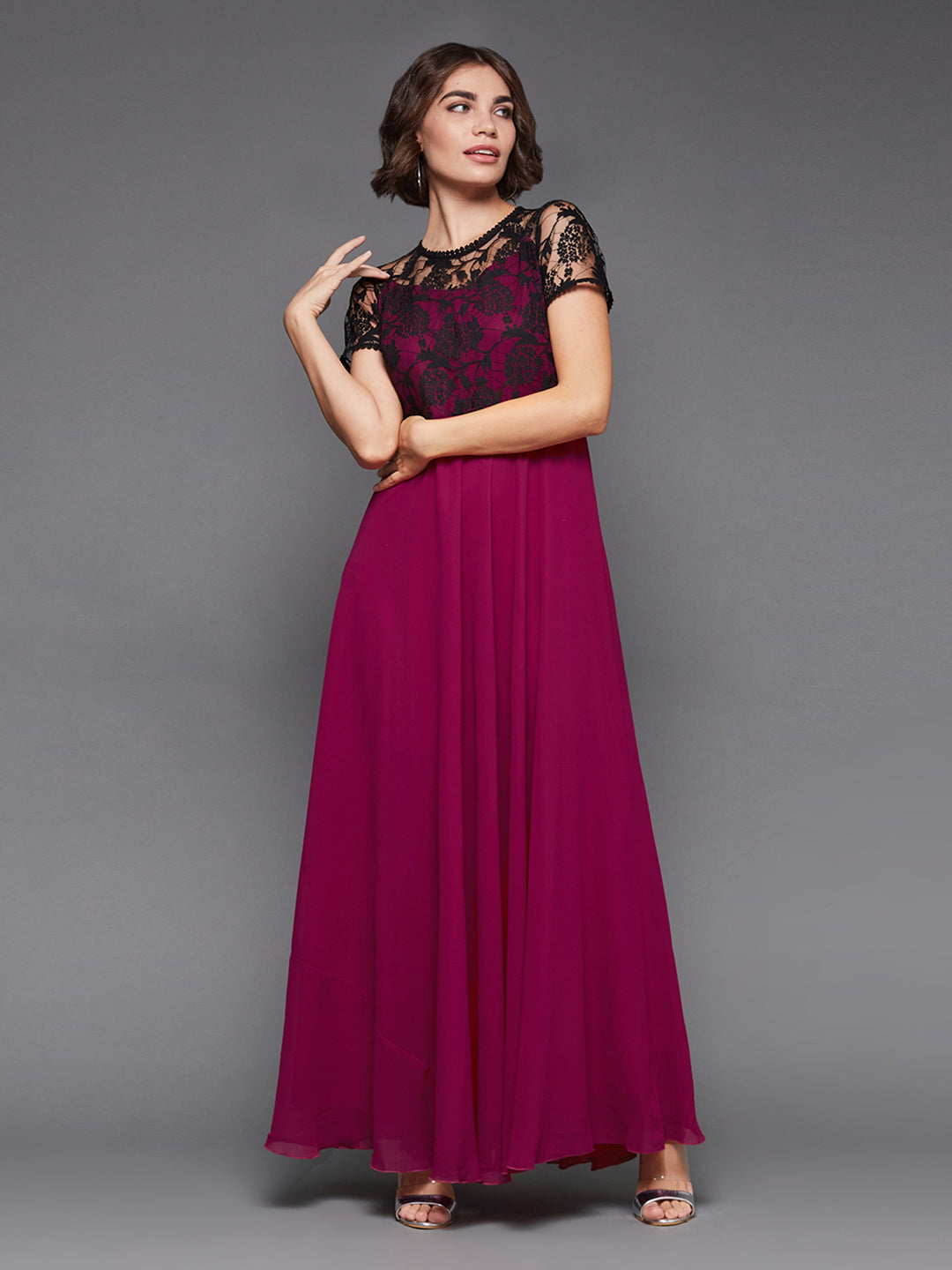 Women's Dark Pink Georgette Round Neck Short Sleeve Self Design Lace Overlaid Maxi Dress