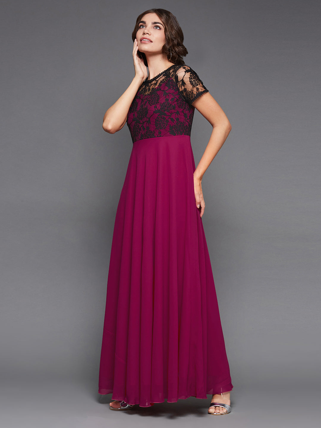 Women's Dark Pink Georgette Round Neck Short Sleeve Self Design Lace Overlaid Maxi Dress