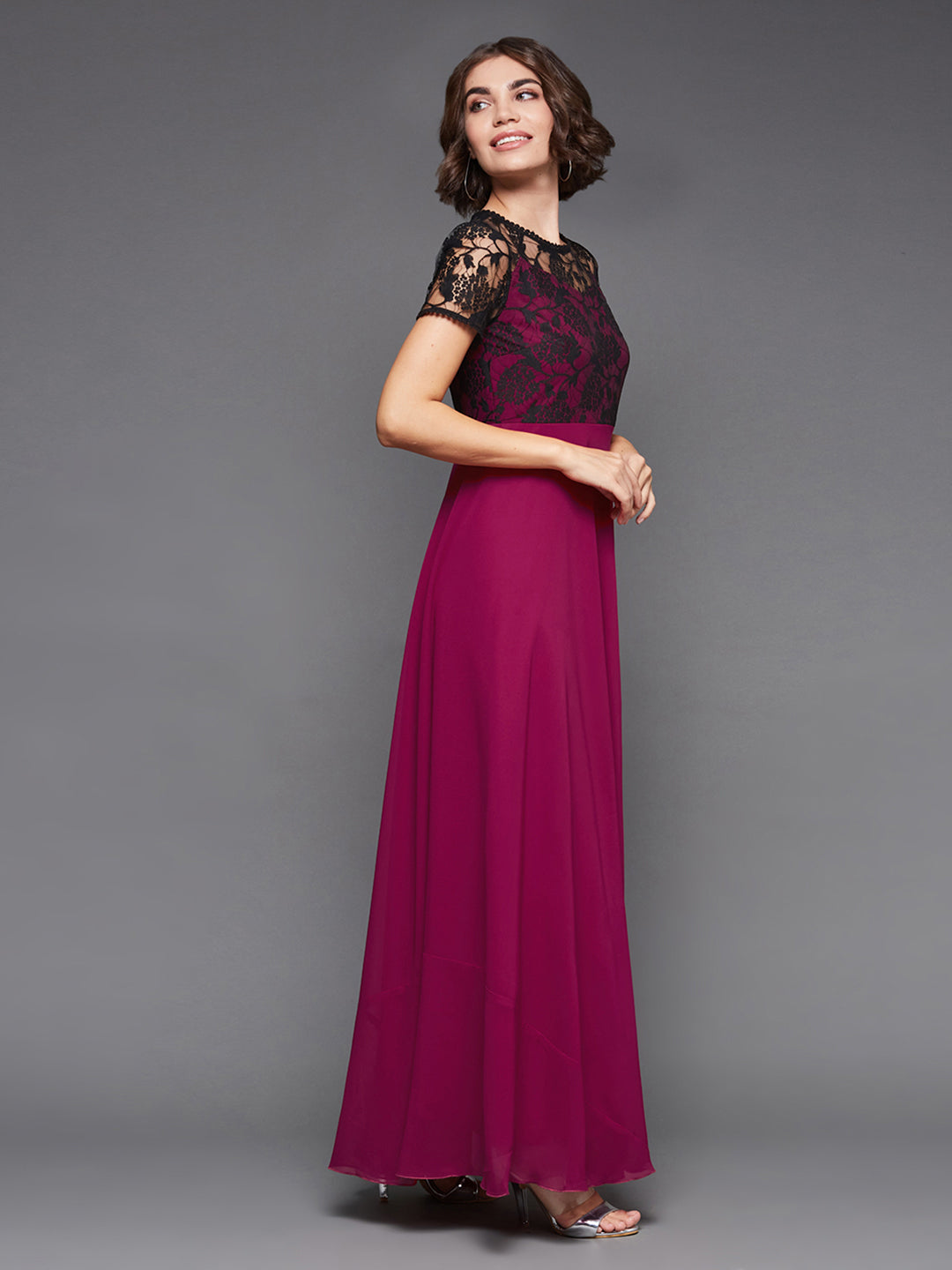 Women's Dark Pink Georgette Round Neck Short Sleeve Self Design Lace Overlaid Maxi Dress