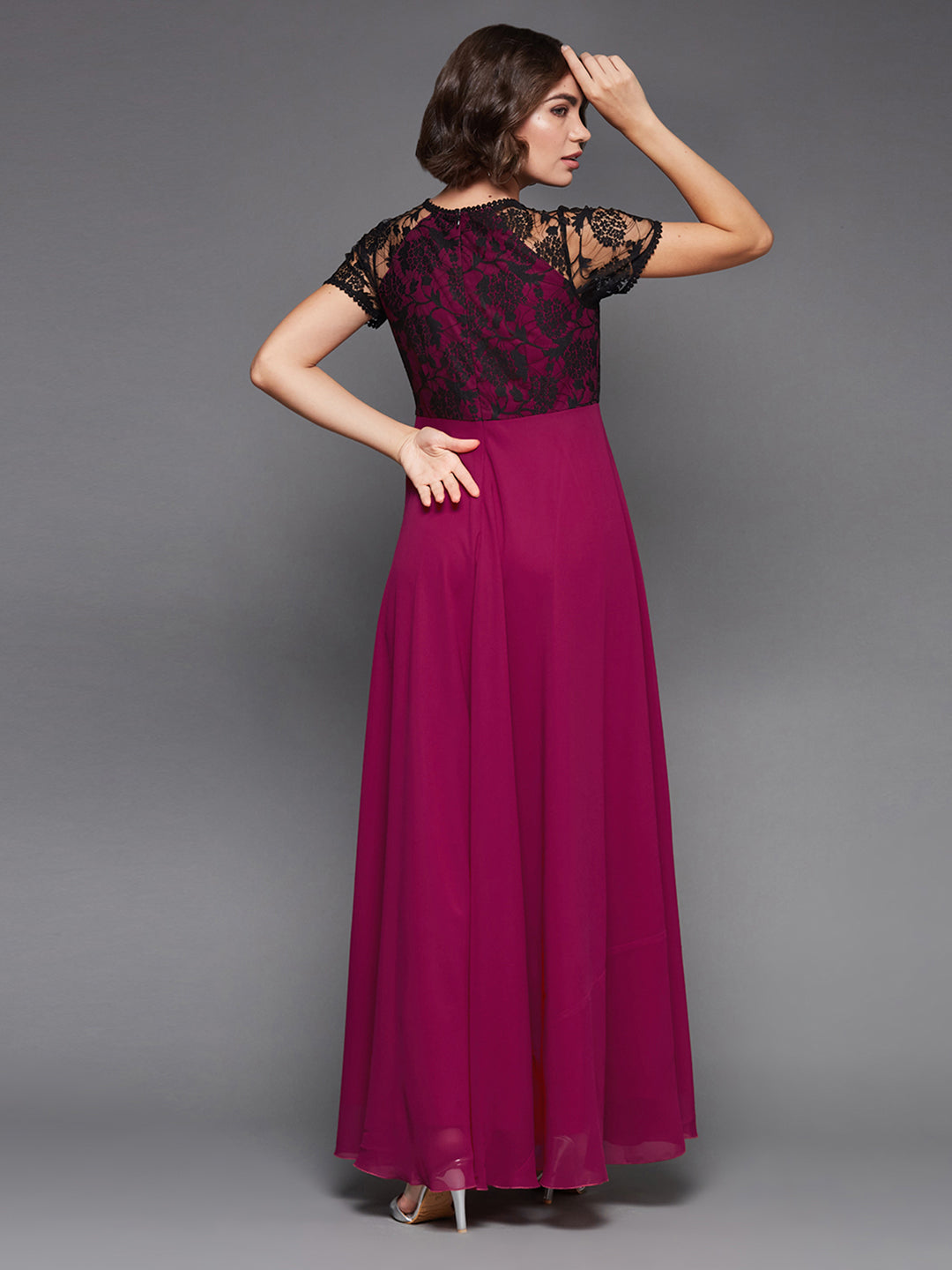 Women's Dark Pink Georgette Round Neck Short Sleeve Self Design Lace Overlaid Maxi Dress