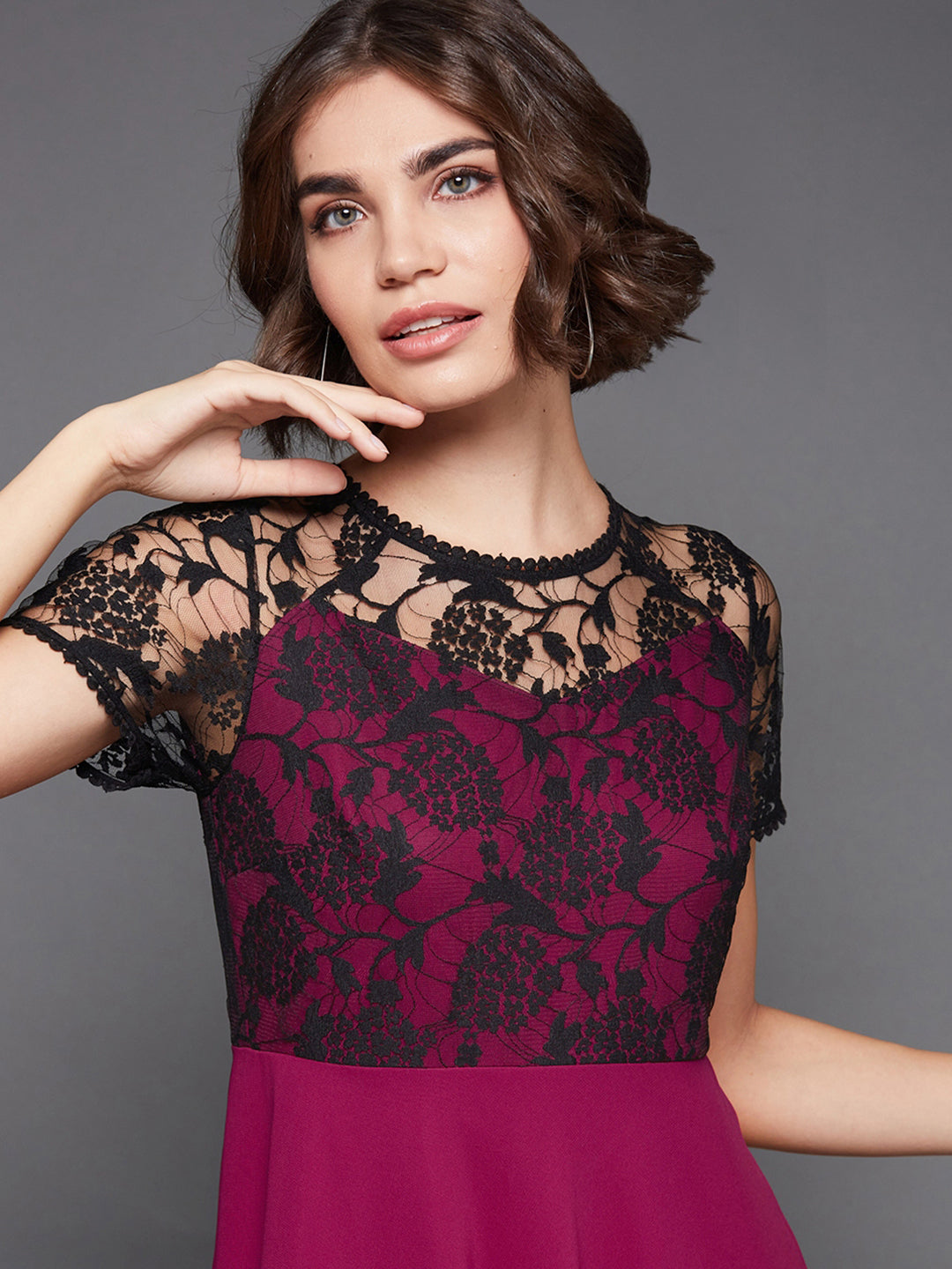 Women's Dark Pink Georgette Round Neck Short Sleeve Self Design Lace Overlaid Maxi Dress