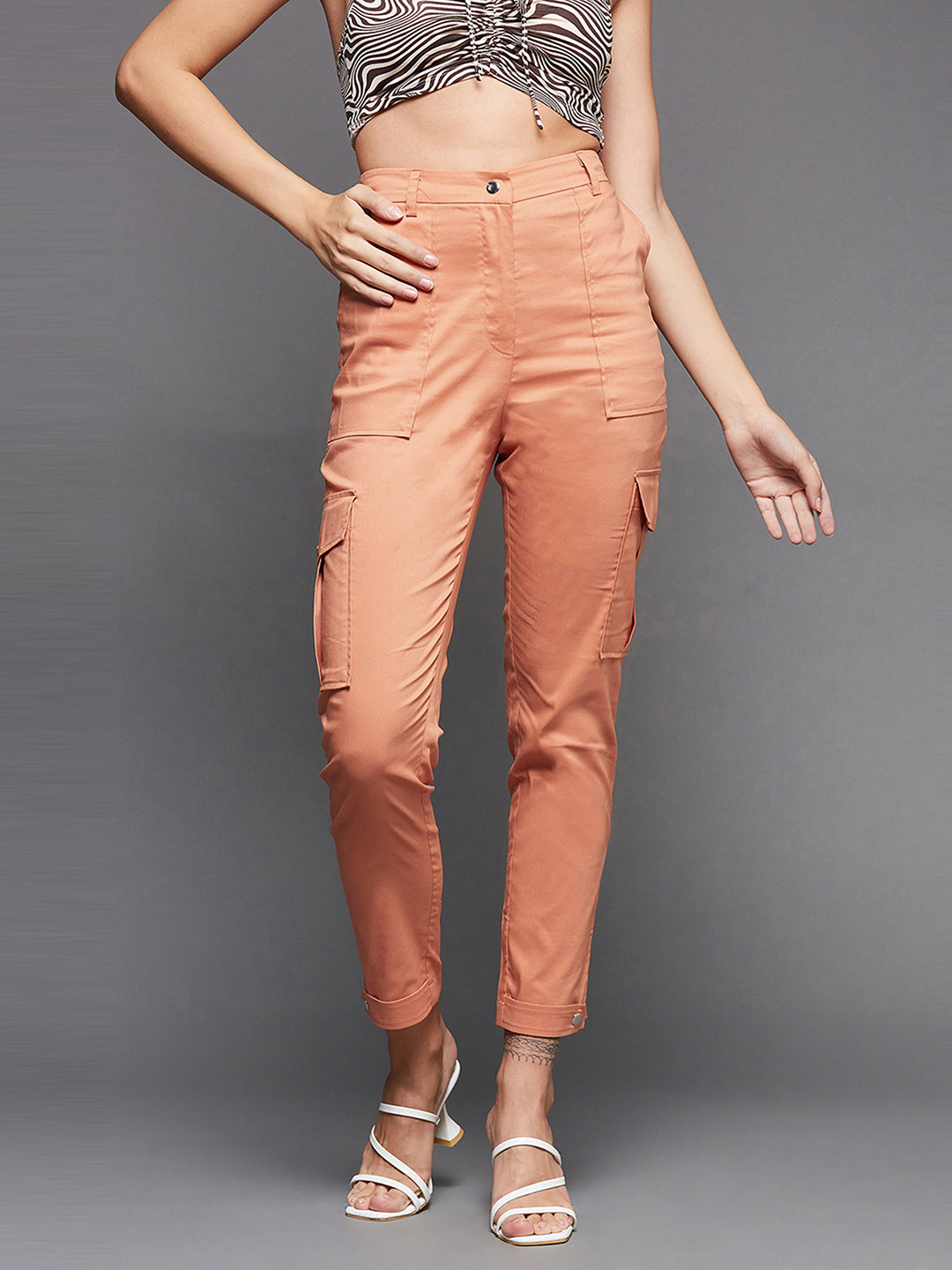 Women's Dusty Orange Solid Polyester High-Waist Regular Length Trousers