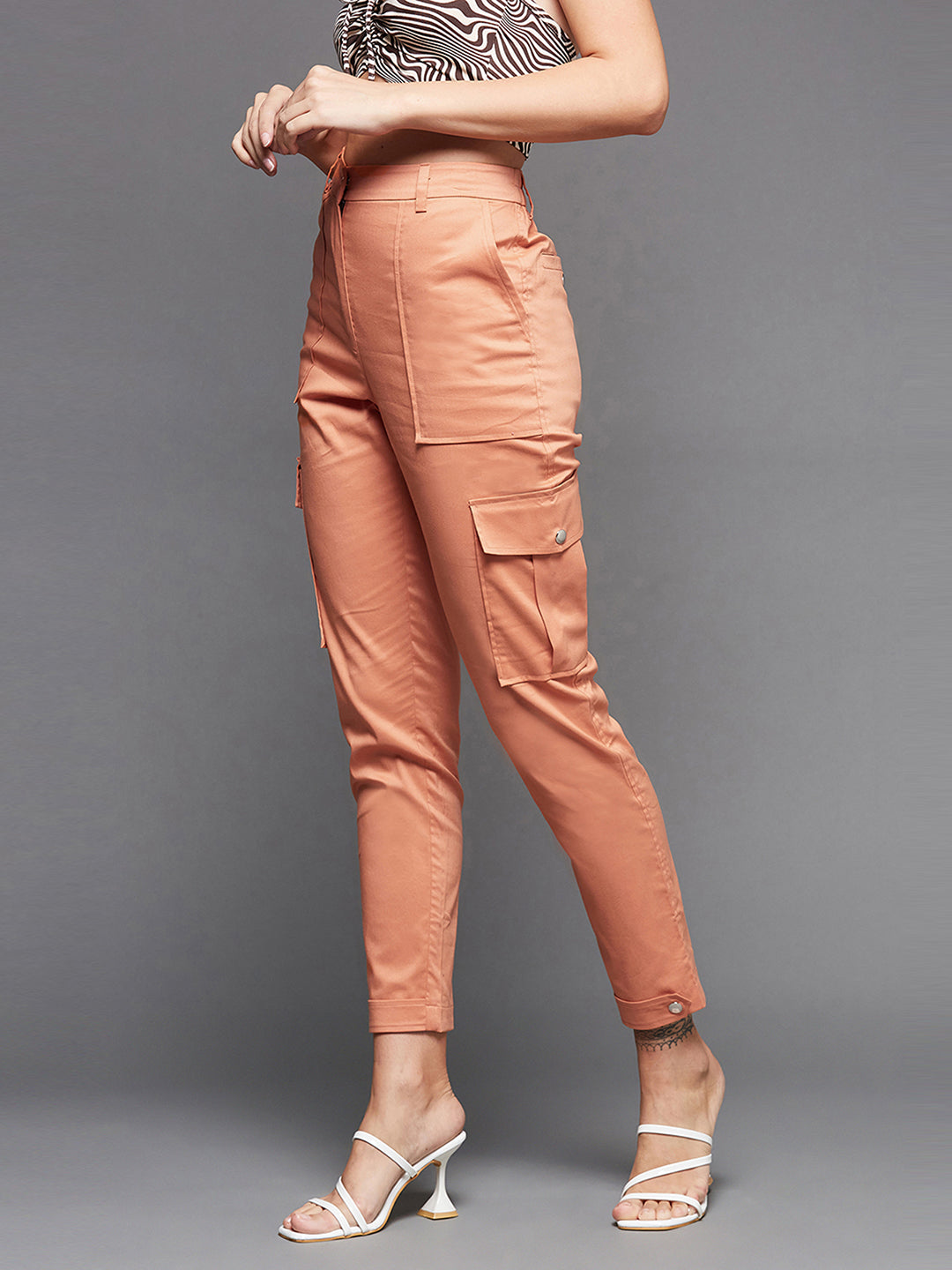 Women's Dusty Orange Solid Polyester High-Waist Regular Length Trousers