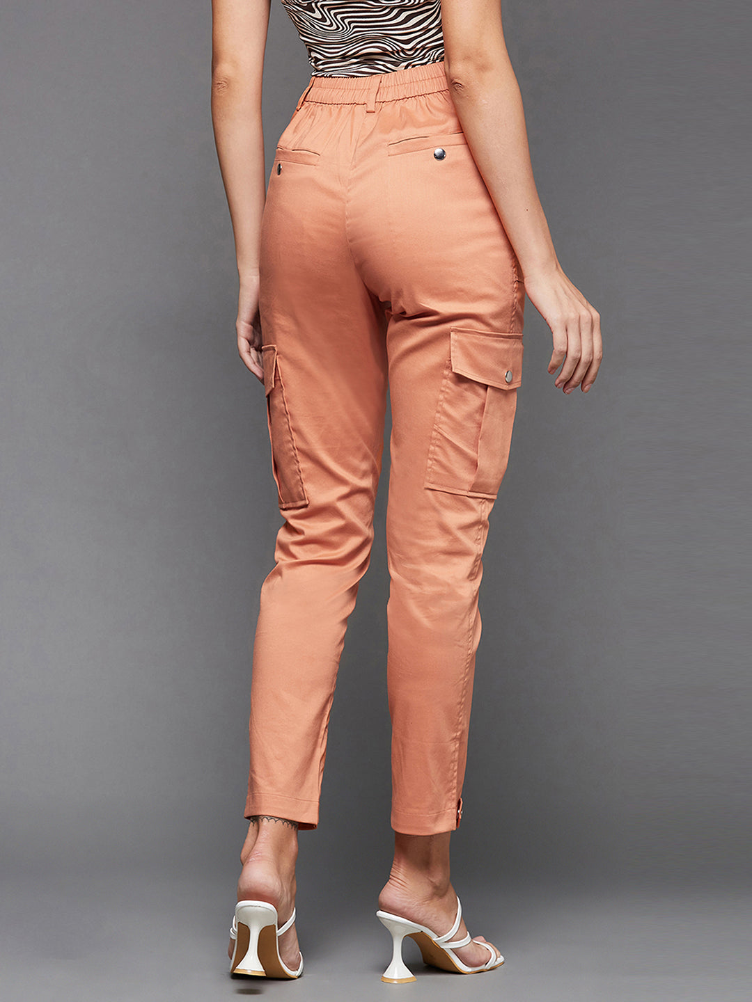 Women's Dusty Orange Solid Polyester High-Waist Regular Length Trousers