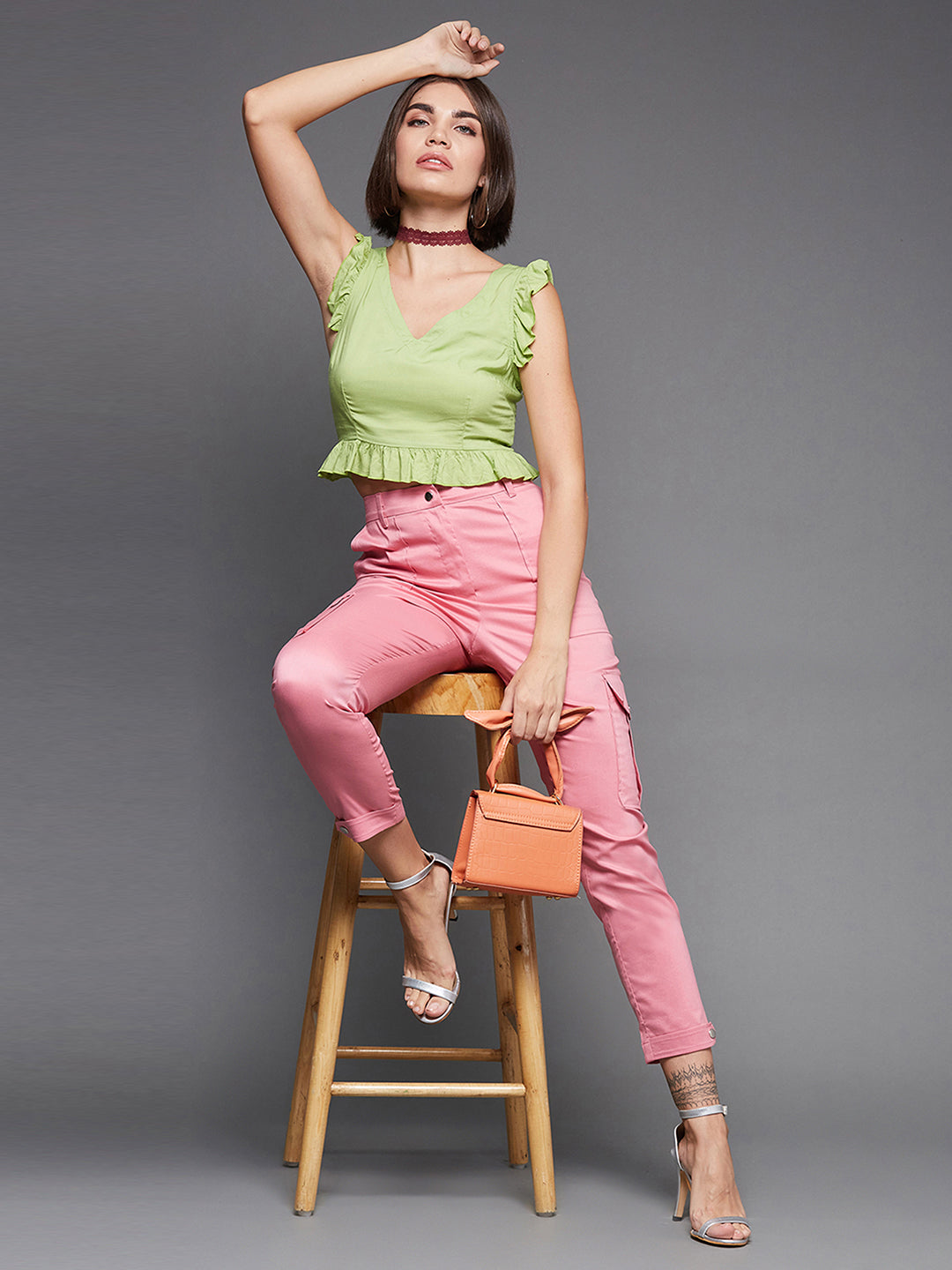 Women's Pink Solid Polyester High-Waist Regular Length Trousers