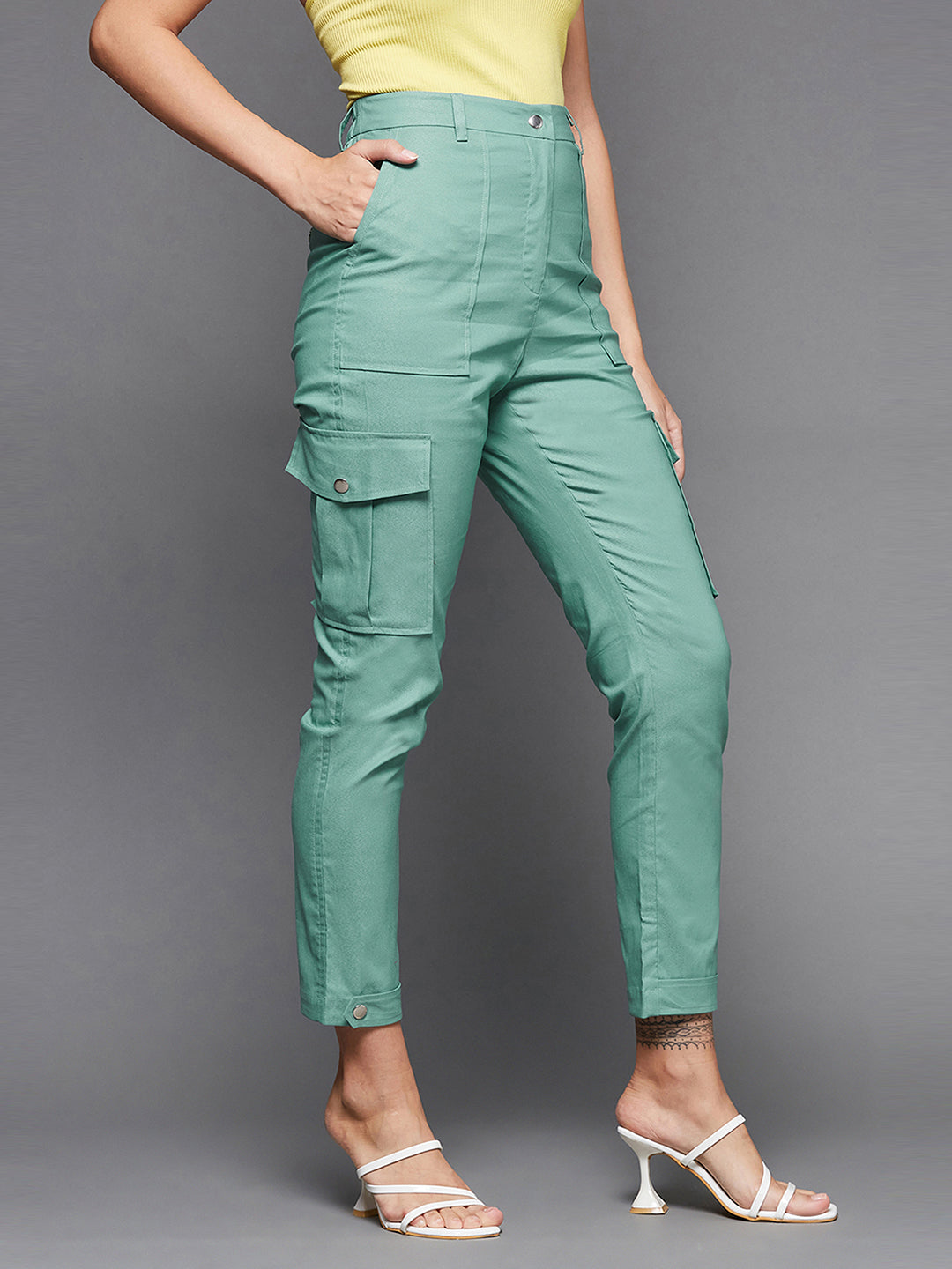 Women's Turquoise Solid Polyester High-Waist Regular Length Trousers