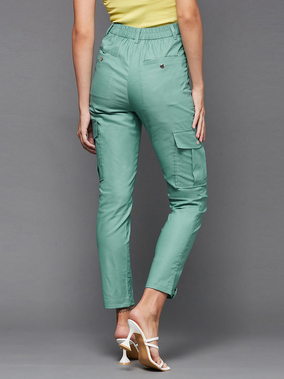 Women's Turquoise Solid Polyester High-Waist Regular Length Trousers