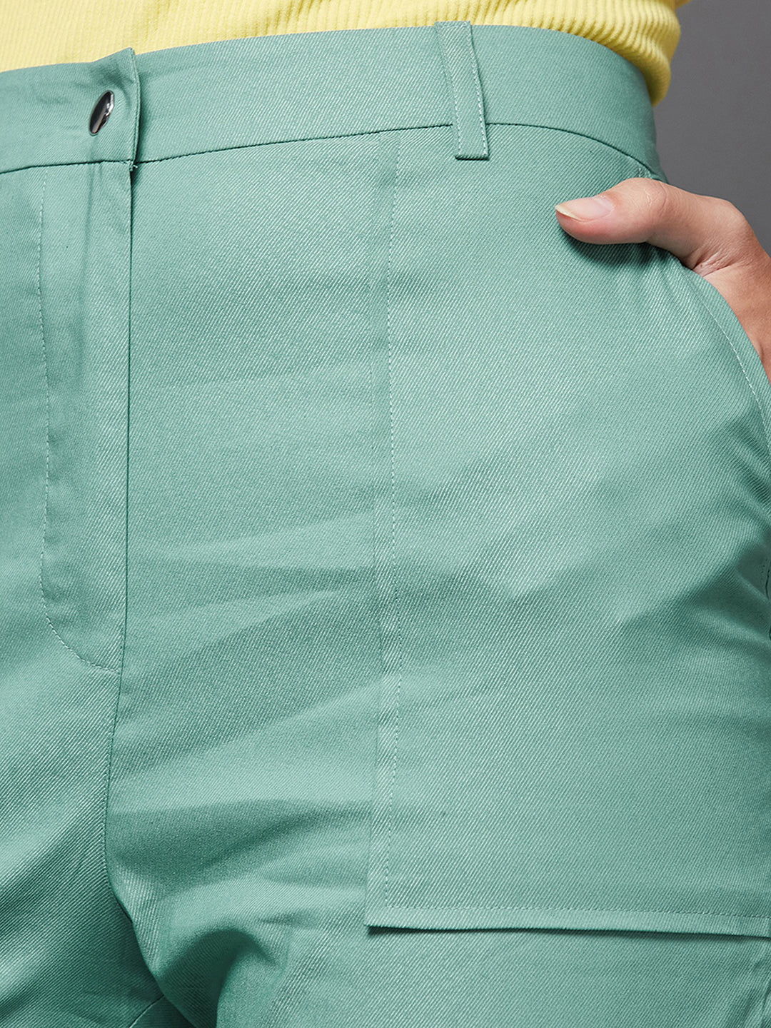 Women's Turquoise Solid Polyester High-Waist Regular Length Trousers