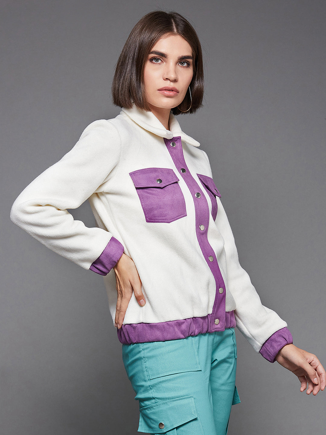 Women'S Off White & Dark Lavender Shirt-Collared Full-Sleeve Regular-Length Polyester Bomber Jacket