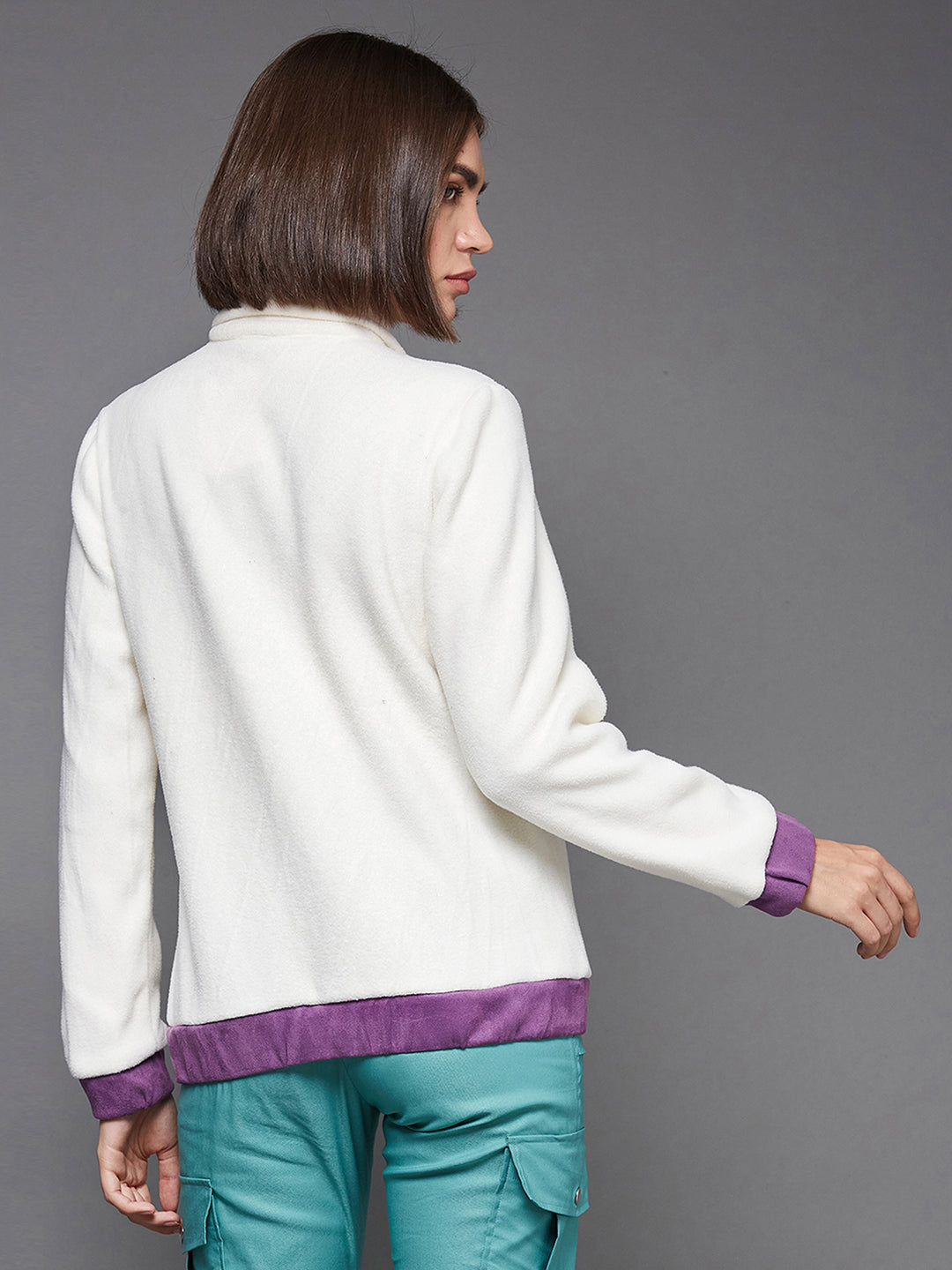 Women'S Off White & Dark Lavender Shirt-Collared Full-Sleeve Regular-Length Polyester Bomber Jacket