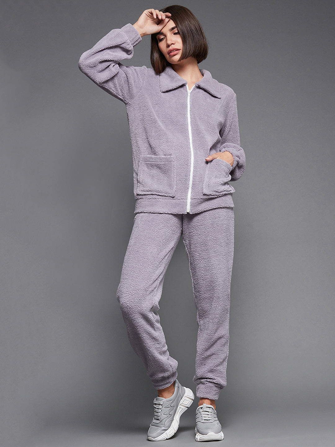 Women'S Lavender Shirt Collar Full-Sleeve Solid-Patterned Lounge-Styled Regular-Length Polyester Co-Ord Set