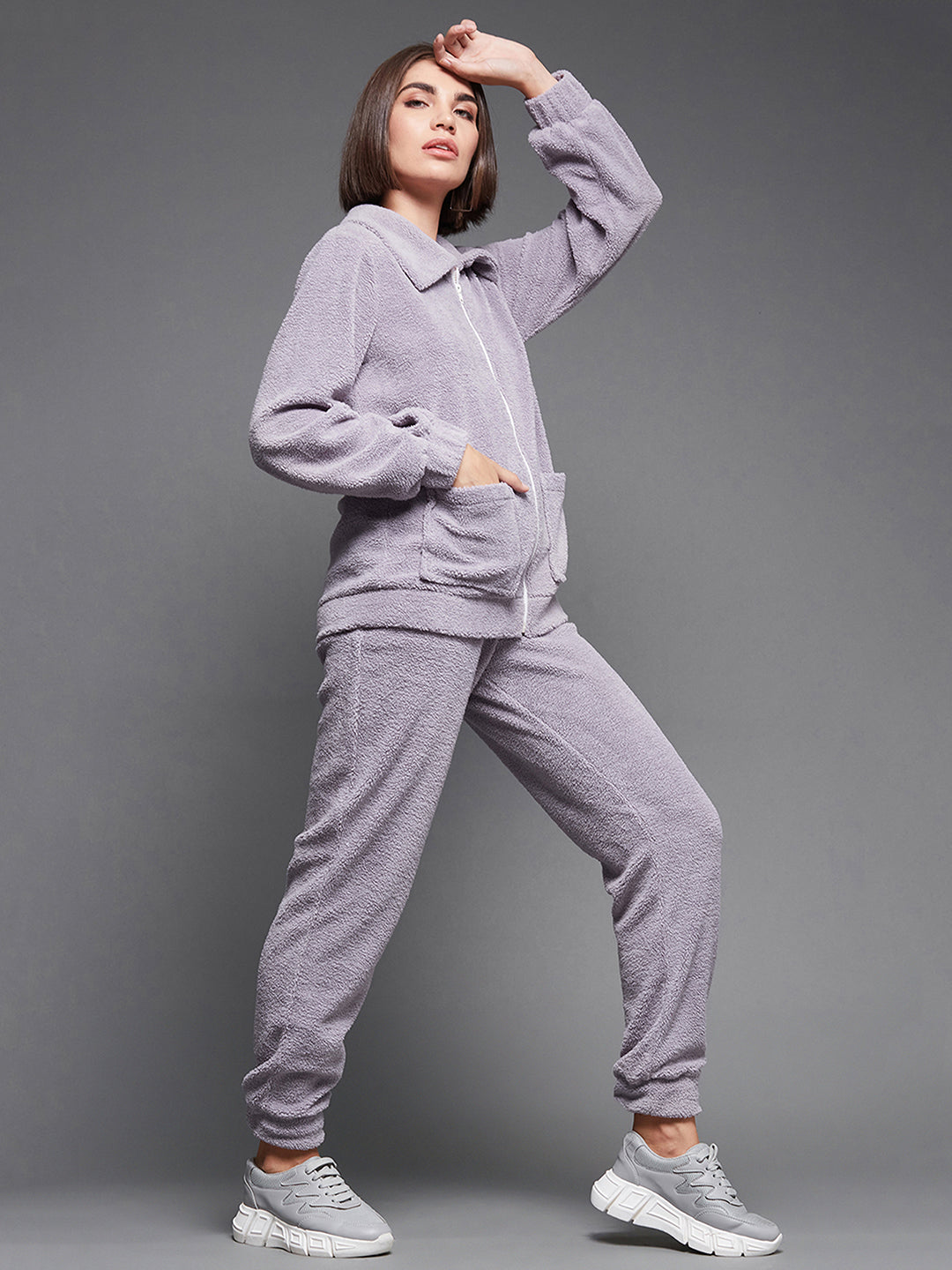 Women'S Lavender Shirt Collar Full-Sleeve Solid-Patterned Lounge-Styled Regular-Length Polyester Co-Ord Set