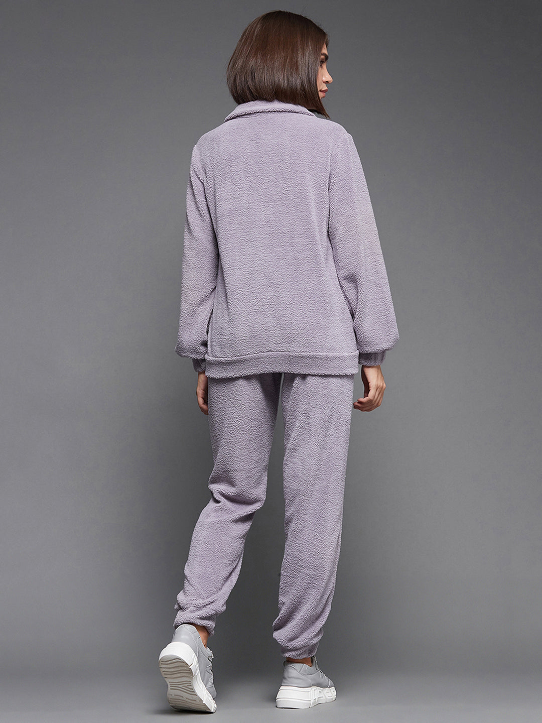 Women'S Lavender Shirt Collar Full-Sleeve Solid-Patterned Lounge-Styled Regular-Length Polyester Co-Ord Set