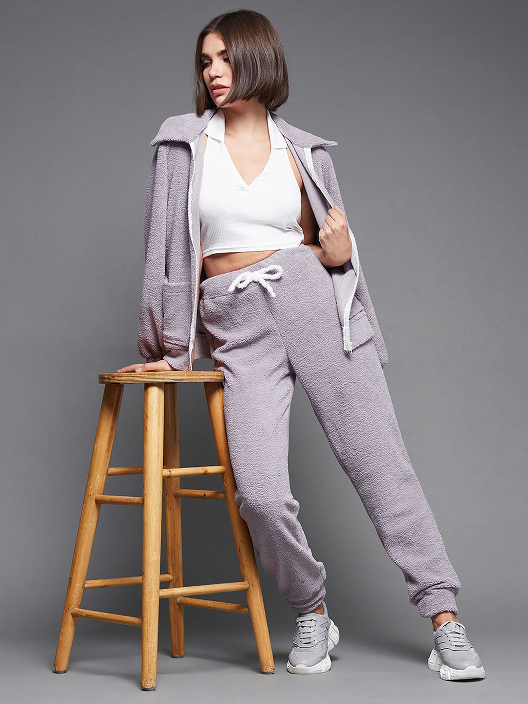 Women'S Lavender Shirt Collar Full-Sleeve Solid-Patterned Lounge-Styled Regular-Length Polyester Co-Ord Set