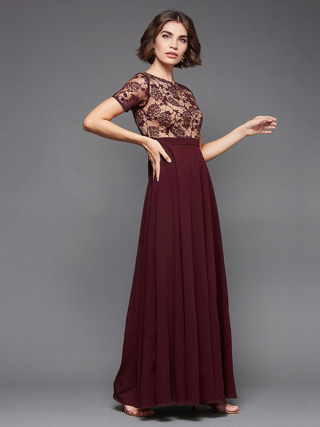 Wine Short Sleeves Lace Fit and Flare Maxi Dress Long Dress Frock for Women