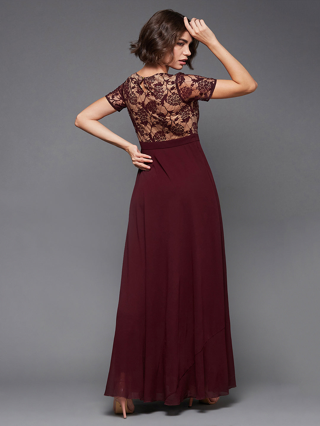 Wine Short Sleeves Lace Fit and Flare Maxi Dress Long Dress Frock for Women
