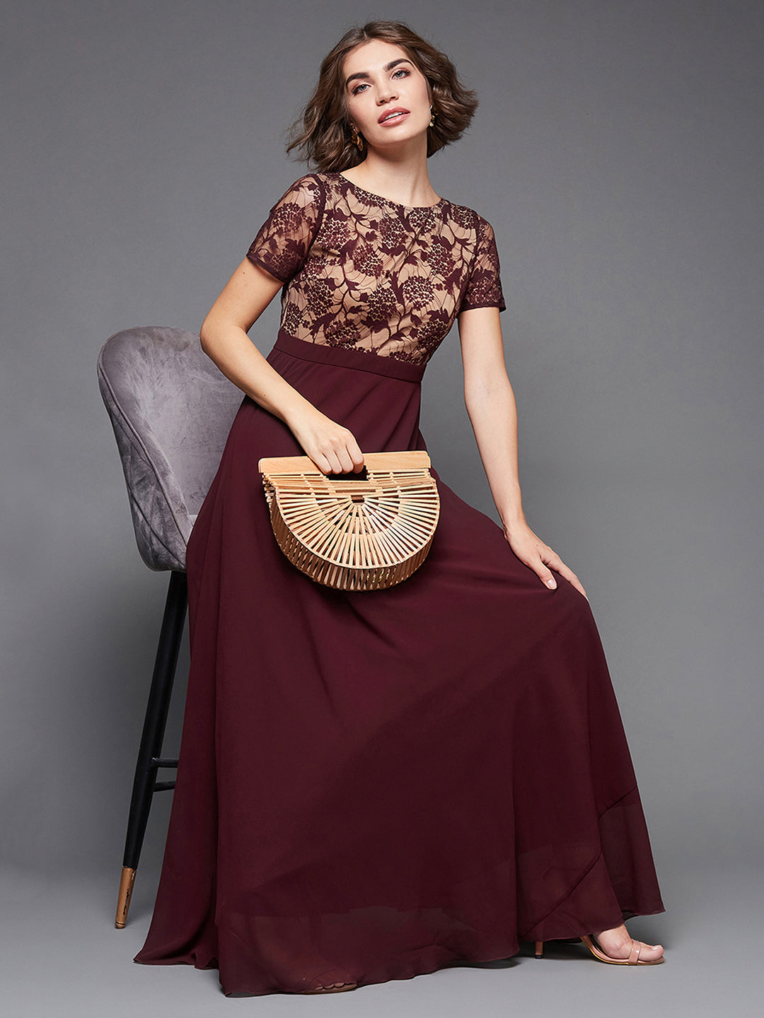 Wine Short Sleeves Lace Fit and Flare Maxi Dress Long Dress Frock for Women