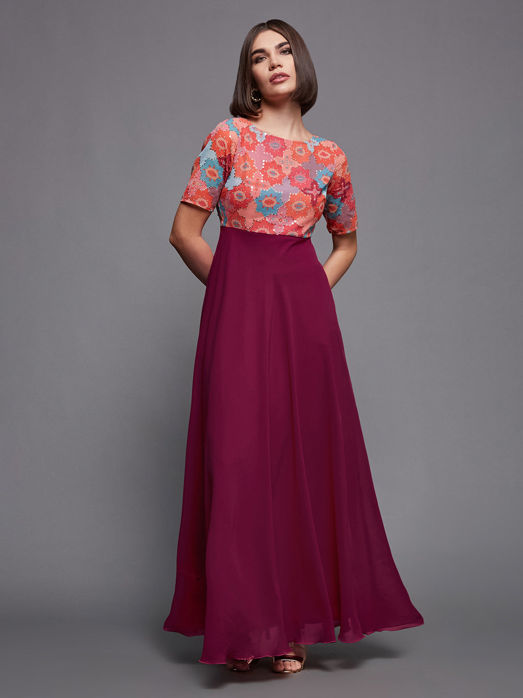 Women's Multicolored-Base-Dark Pink Boat Neck Half Sleeve Geometric Fit & Flare Georgette Maxi Dress