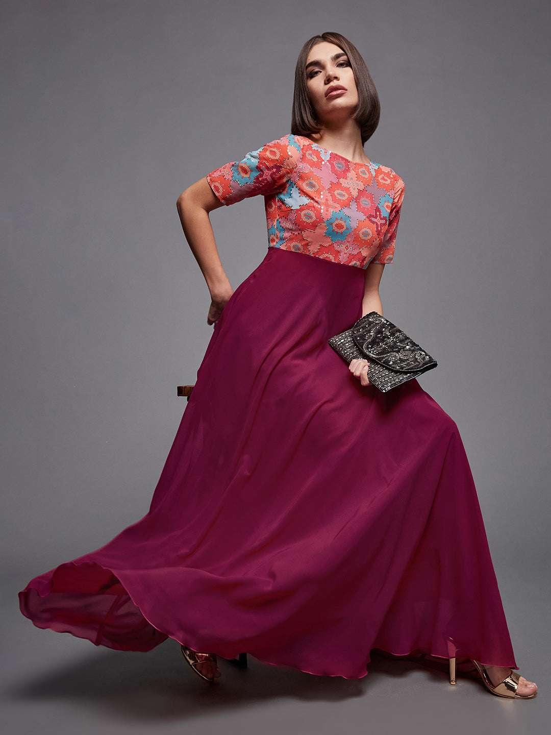 Women's Multicolored-Base-Dark Pink Boat Neck Half Sleeve Geometric Fit & Flare Georgette Maxi Dress