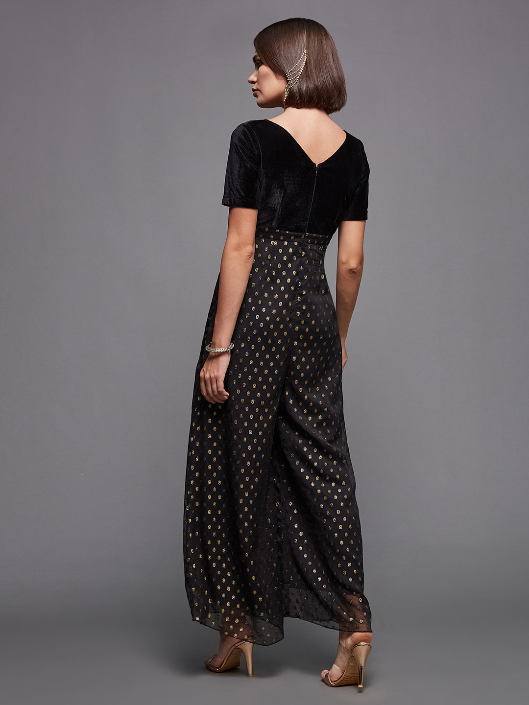 Women's Black Boat Neck Half Sleeve Wide-Leg Regular-Length Polyester Printed Jumpsuit