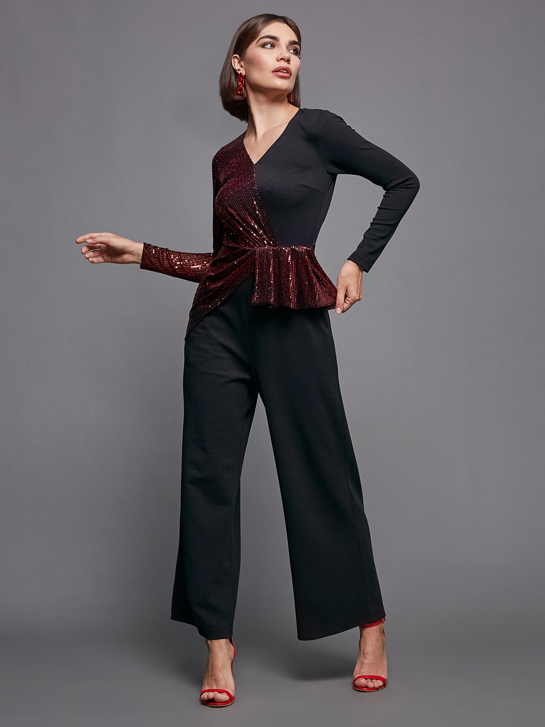 Crease Ease Women's Black & Red V-Neck Full Sleeve Sequined Asymmetric Party Jumpsuit