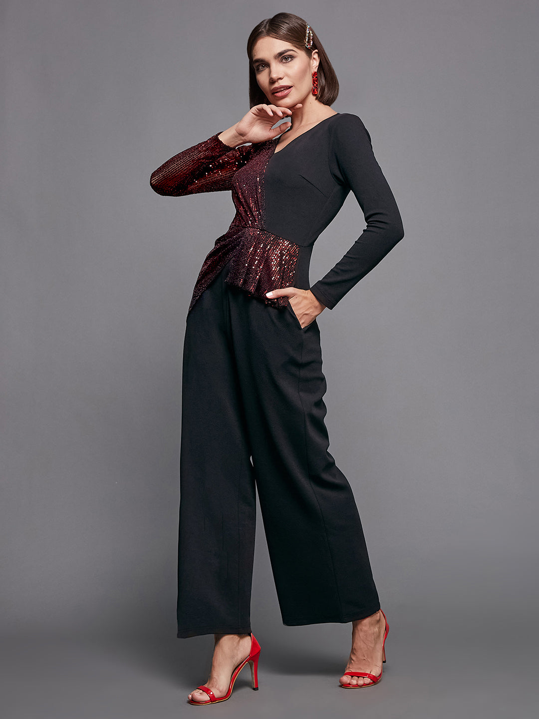 Crease Ease Women's Black & Red V-Neck Full Sleeve Sequined Asymmetric Party Jumpsuit