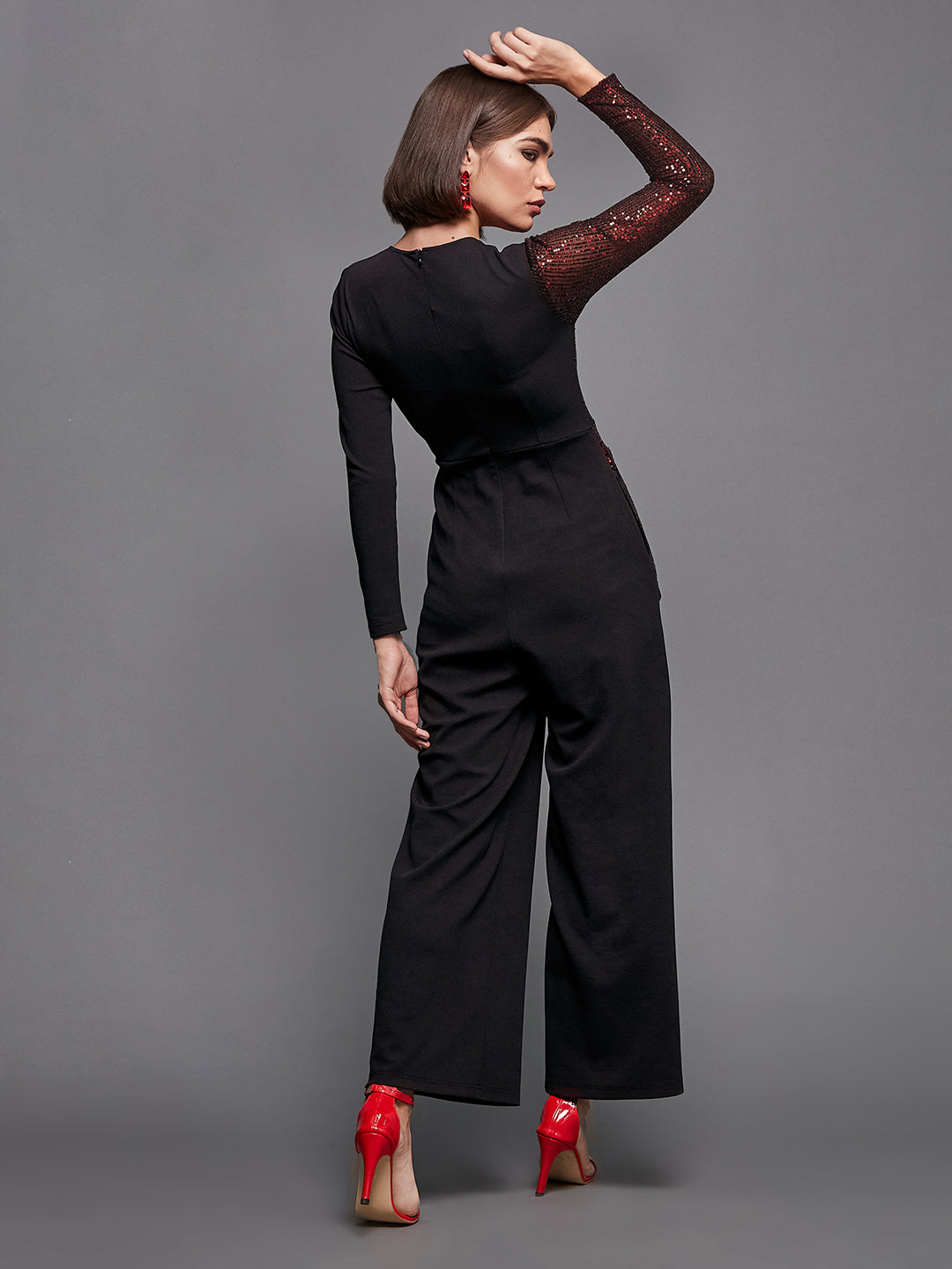 Crease Ease Women's Black & Red V-Neck Full Sleeve Sequined Asymmetric Party Jumpsuit