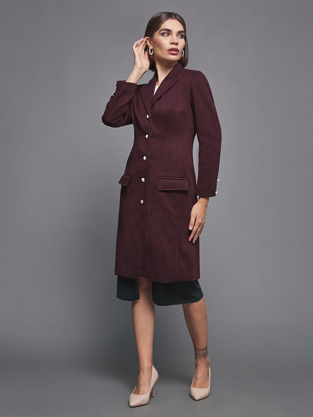 Women's Wine Notch Collar Full Sleeve Solid Front-Open Knee Length Jacket