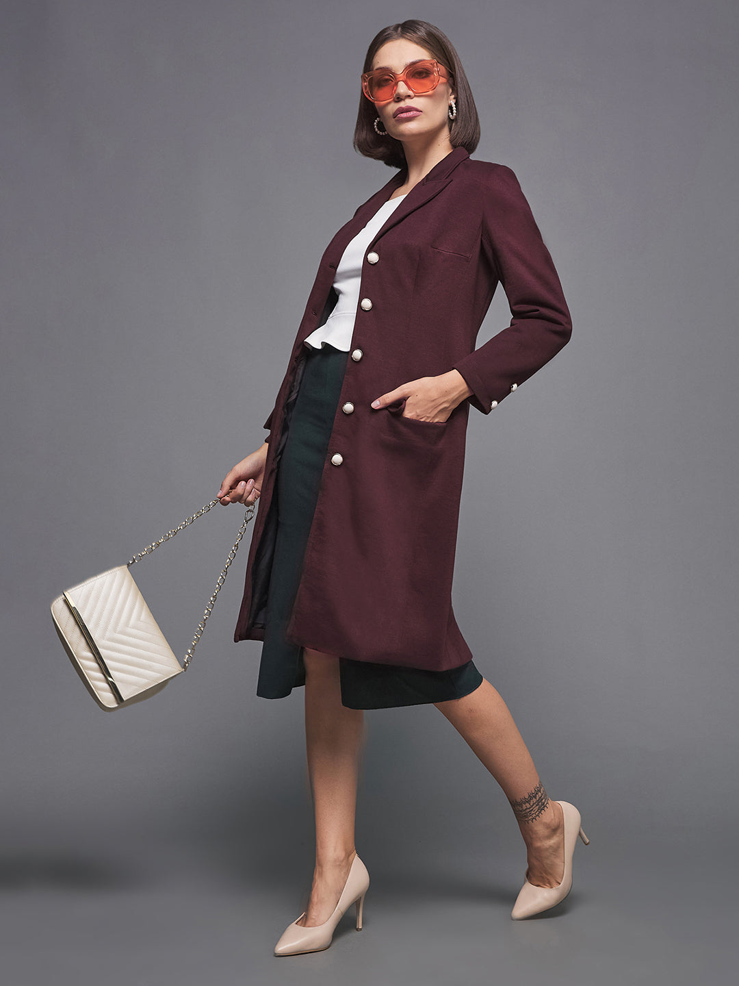 Women's Wine Notch Collar Full Sleeve Solid Front-Open Knee Length Jacket