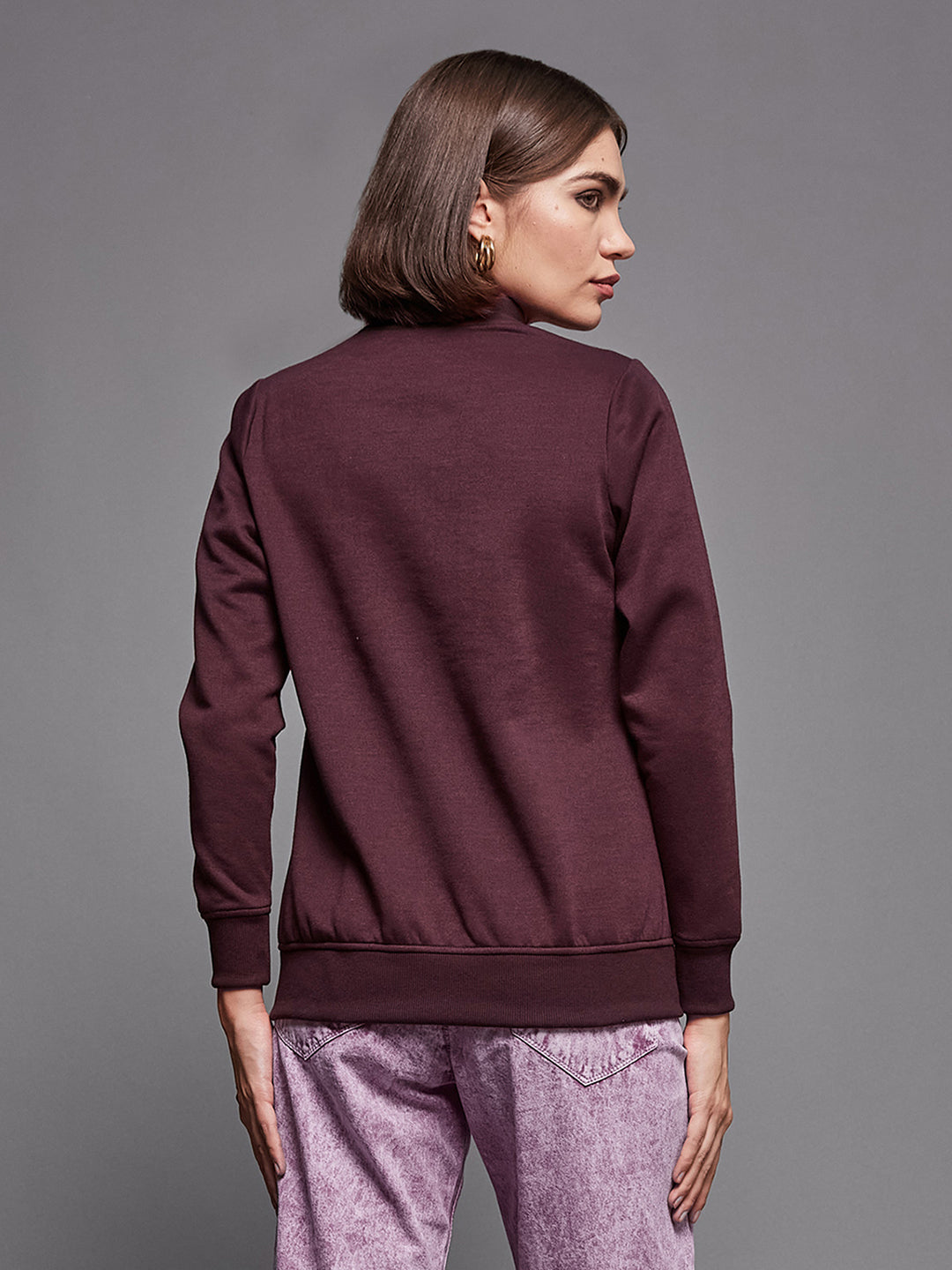 Women's Wine Round Neck Full Sleeve Polyester Solid Ring Puller Detailing Zippered Bomber Jacket