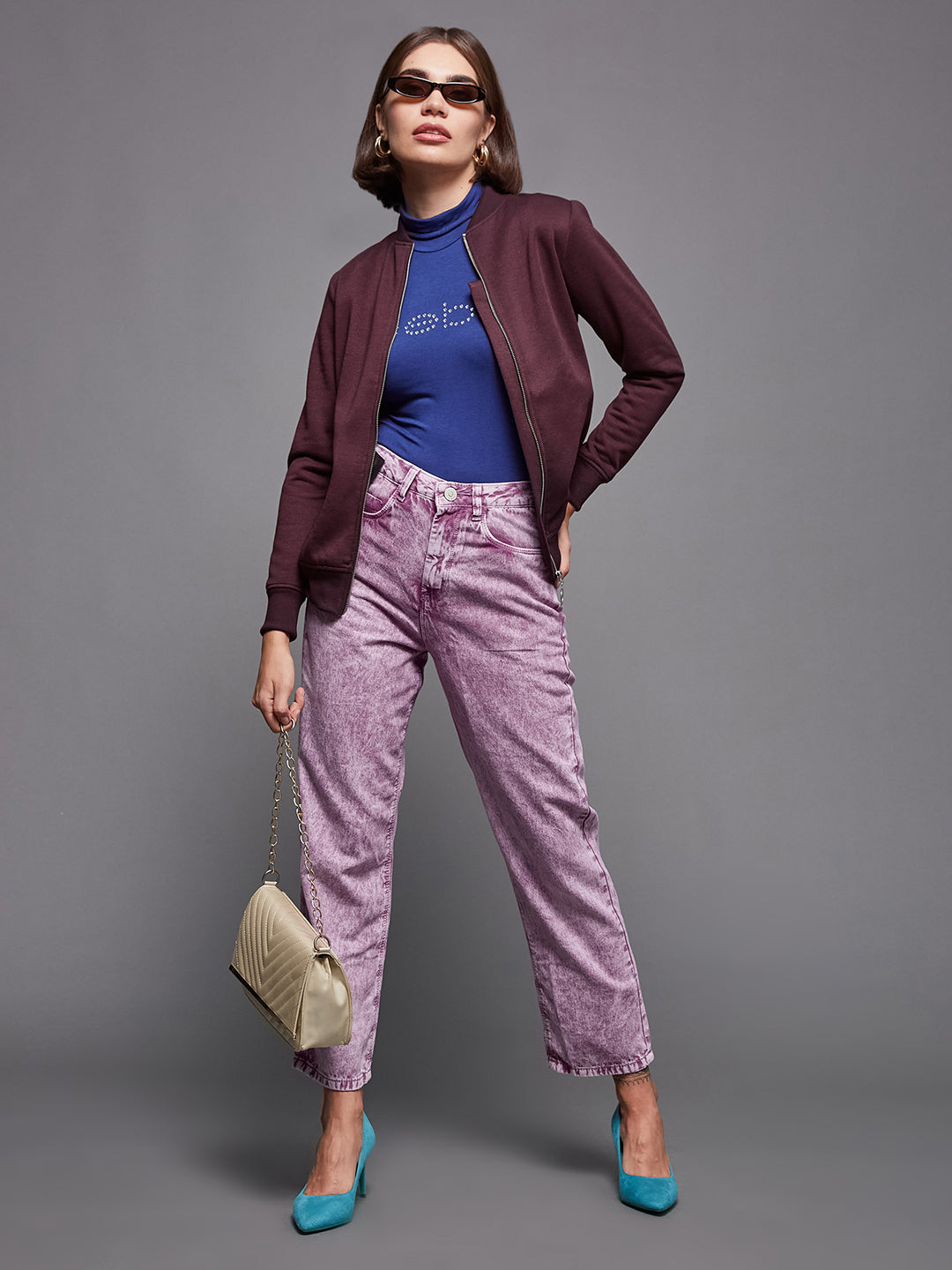 Women's Wine Round Neck Full Sleeve Polyester Solid Ring Puller Detailing Zippered Bomber Jacket