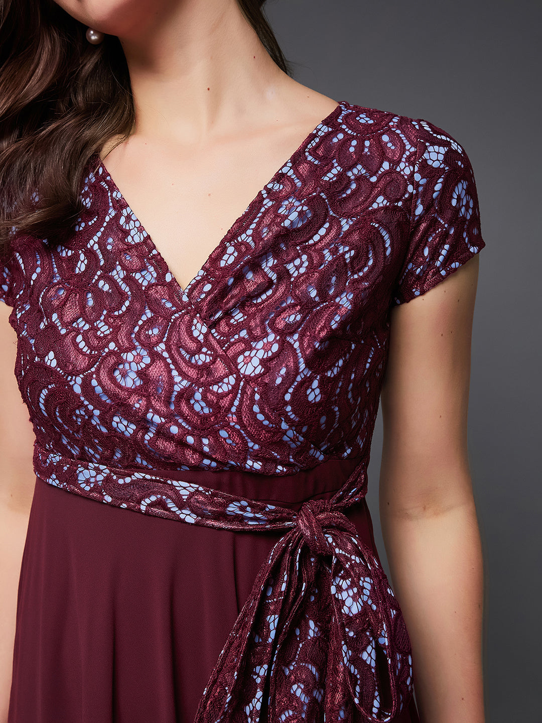 Wine Red Short Sleeves Wrap Fit and Flare Dress with Lace Belt for Women | Bridesmaids' Favourites