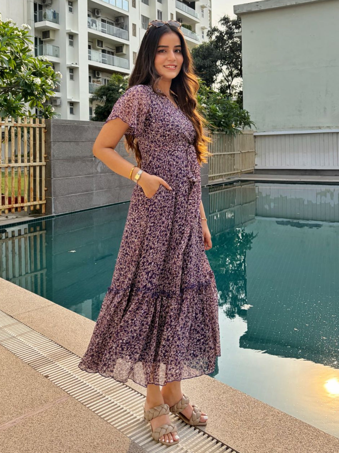 Purple Floral Printed Flutter Sleeves Maxi Dress for Women