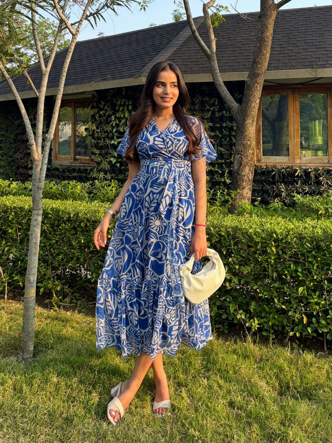 White & Blue Floral Printed Flutter Sleeves Maxi Dress for Women