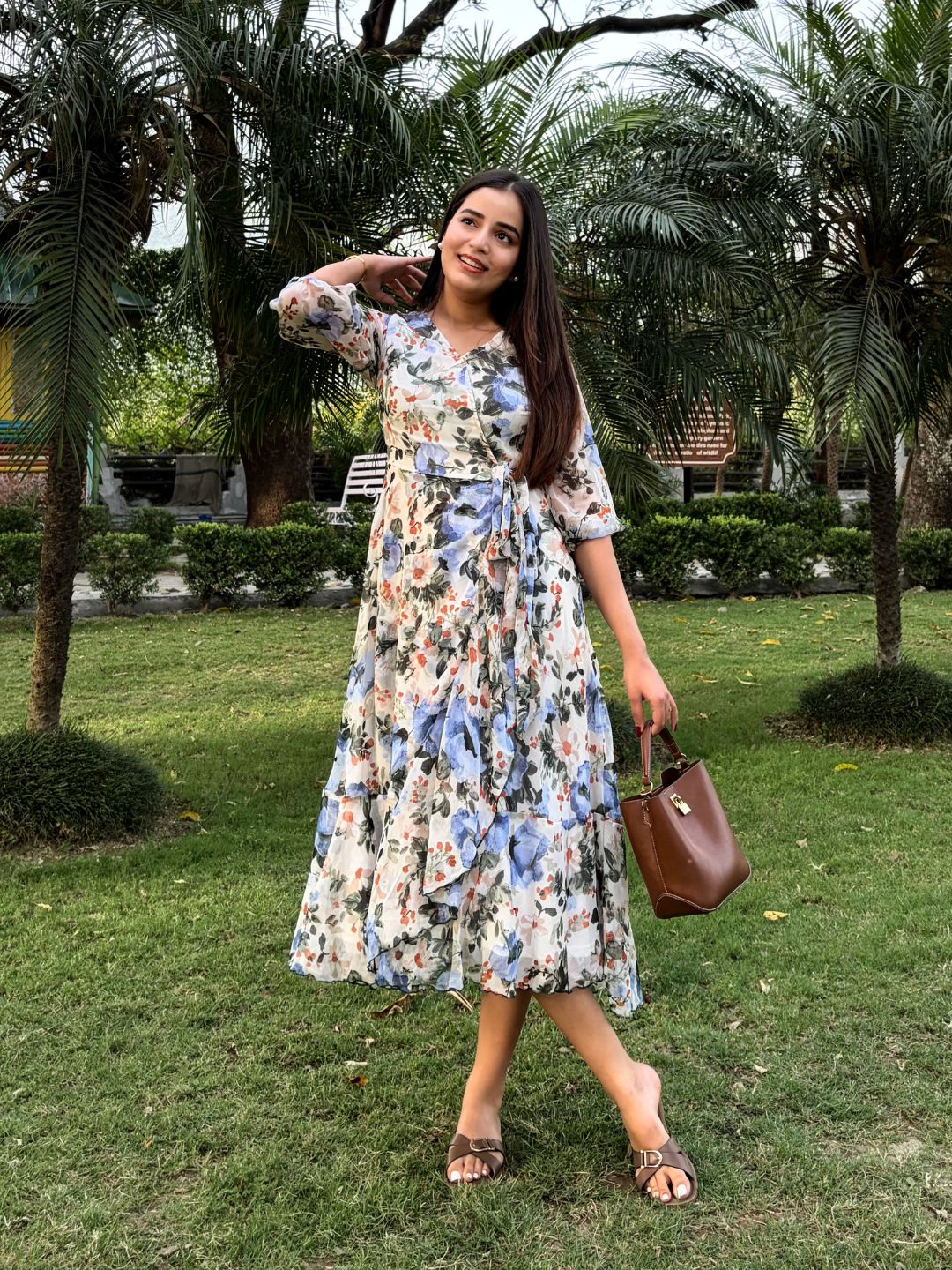 Multicolored-Base-Off White V-Neck Three-Quarter Sleeve Floral Wrap Chiffon Midi Dress for Women