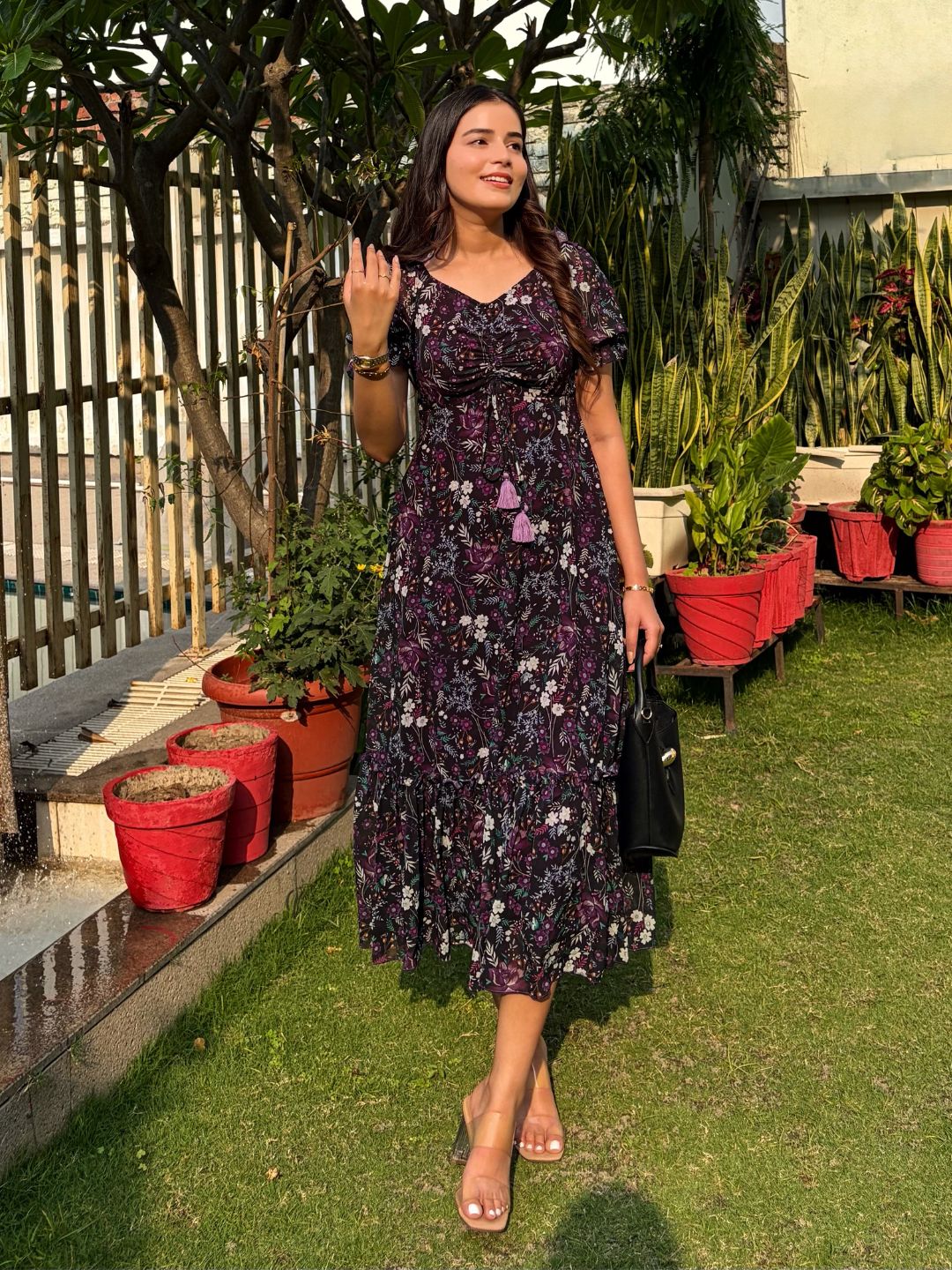 Black Multicoloured Floral Printed Puff Sleeves Sweetheart Neck Fit and Flare Maxi Dress for Women
