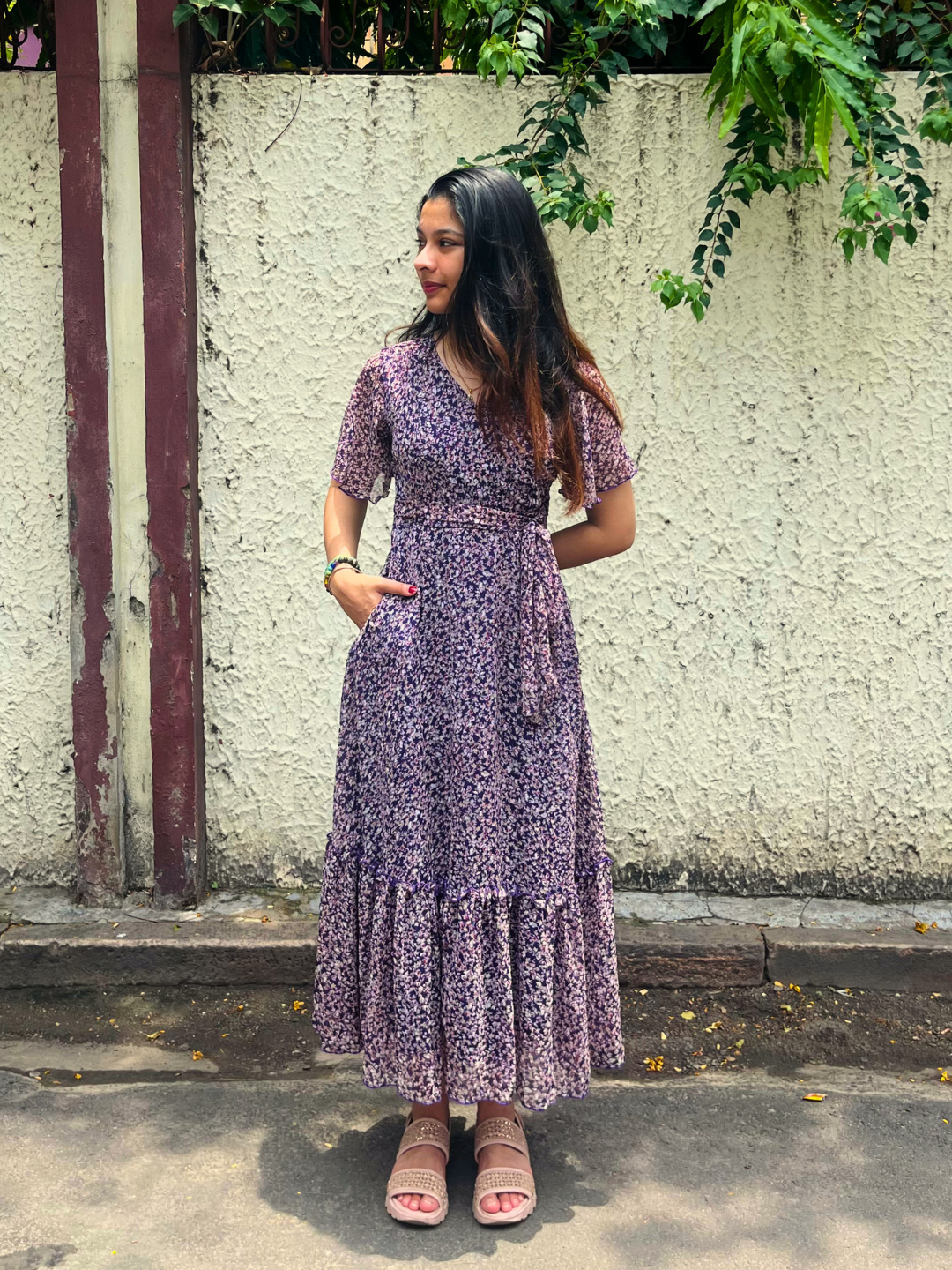 Purple Floral Printed Flutter Sleeves Maxi Dress Long Dress Gown Frock for Women | The Summer Holiday Story