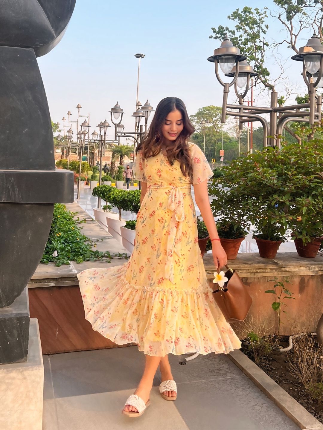 Women's Multicolored-Base-Yellow V Neck Flared Sleeve Floral Wrap Maxi Dress