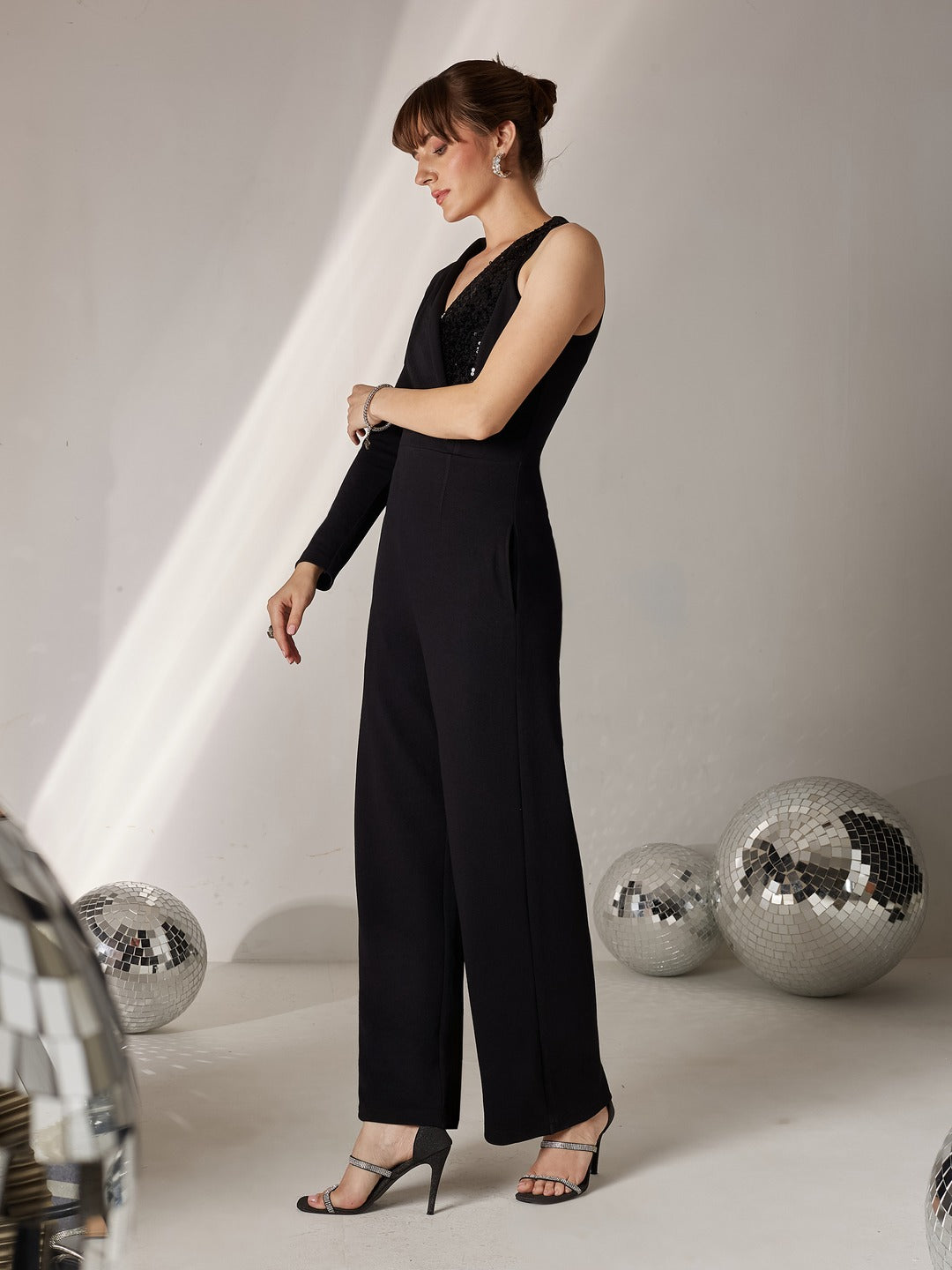 Black Embellished Shawl Collar Asymmetric Polyester Blazer-Styled Slim Fit Regular Jumpsuit for Women