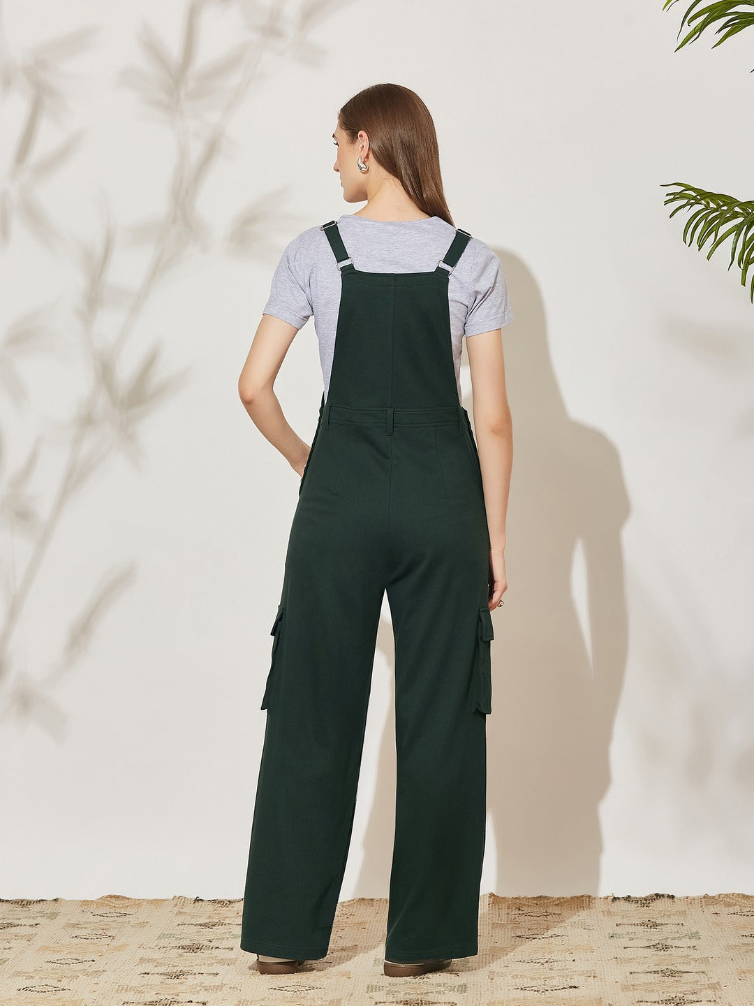 Bottle-Green Square Neck Sleeveless Solid Wide Leg Full Length Cotton Dungaree for Women