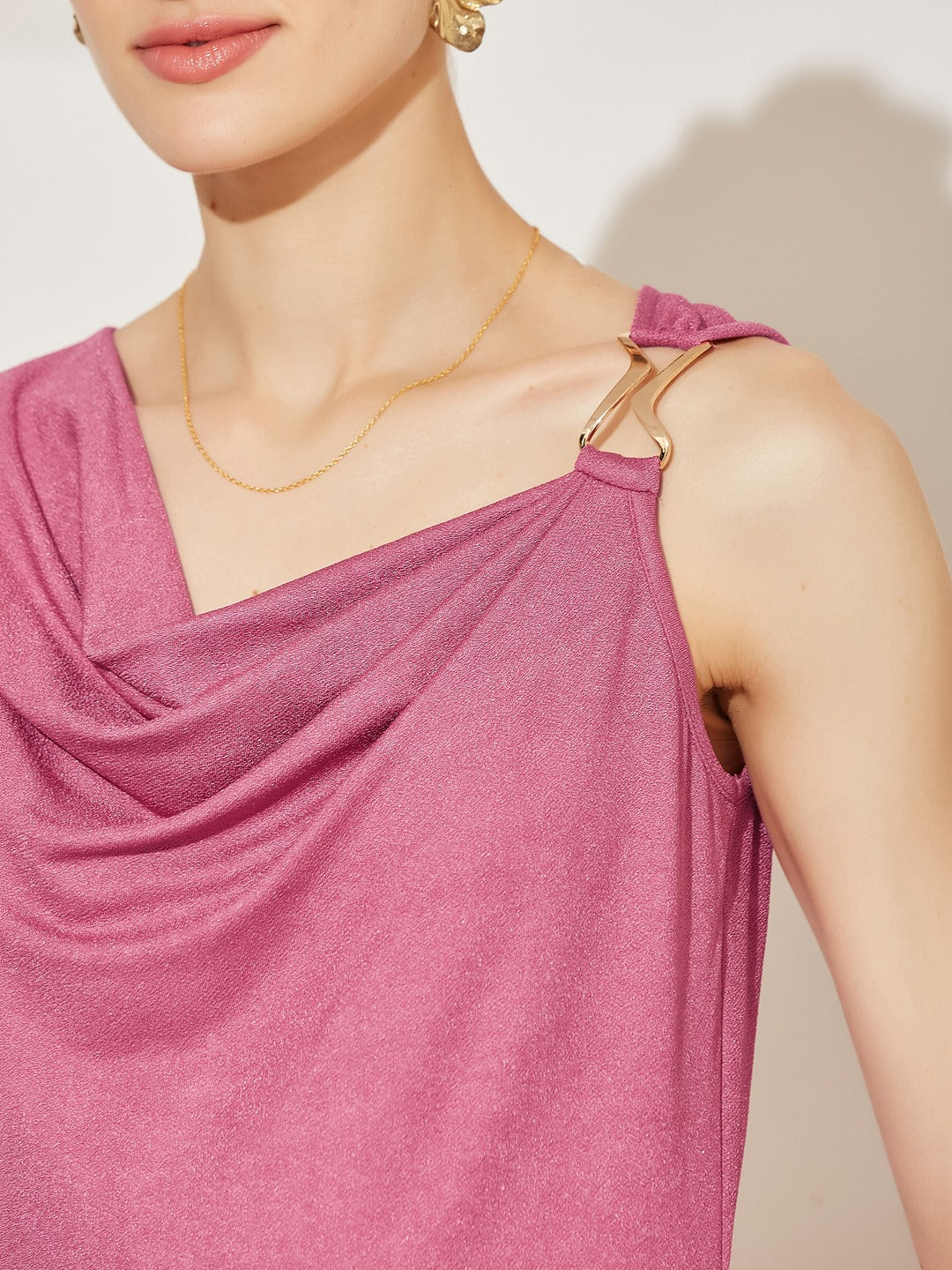 Pink Asymmetric Cowl Sleeveless Solid Bodycon Maxi Polyester Dress for Women