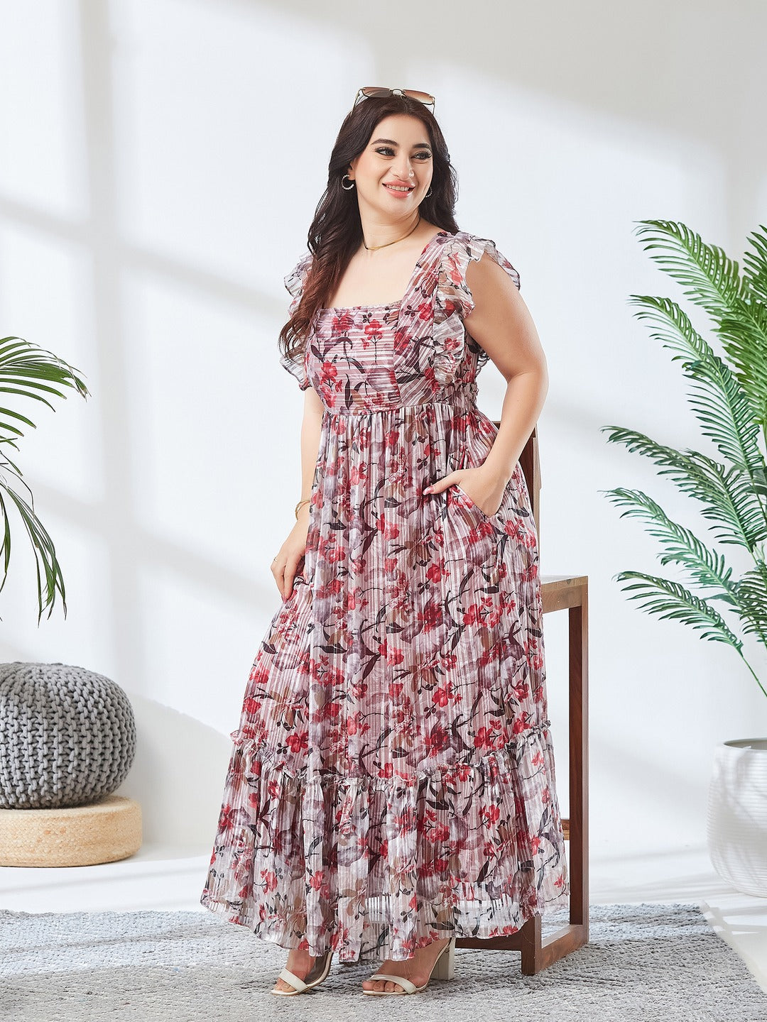 Off White Square Neck Layered Ruffles Sleeve Floral Patterned Tiered Maxi Georgette Dress for Women