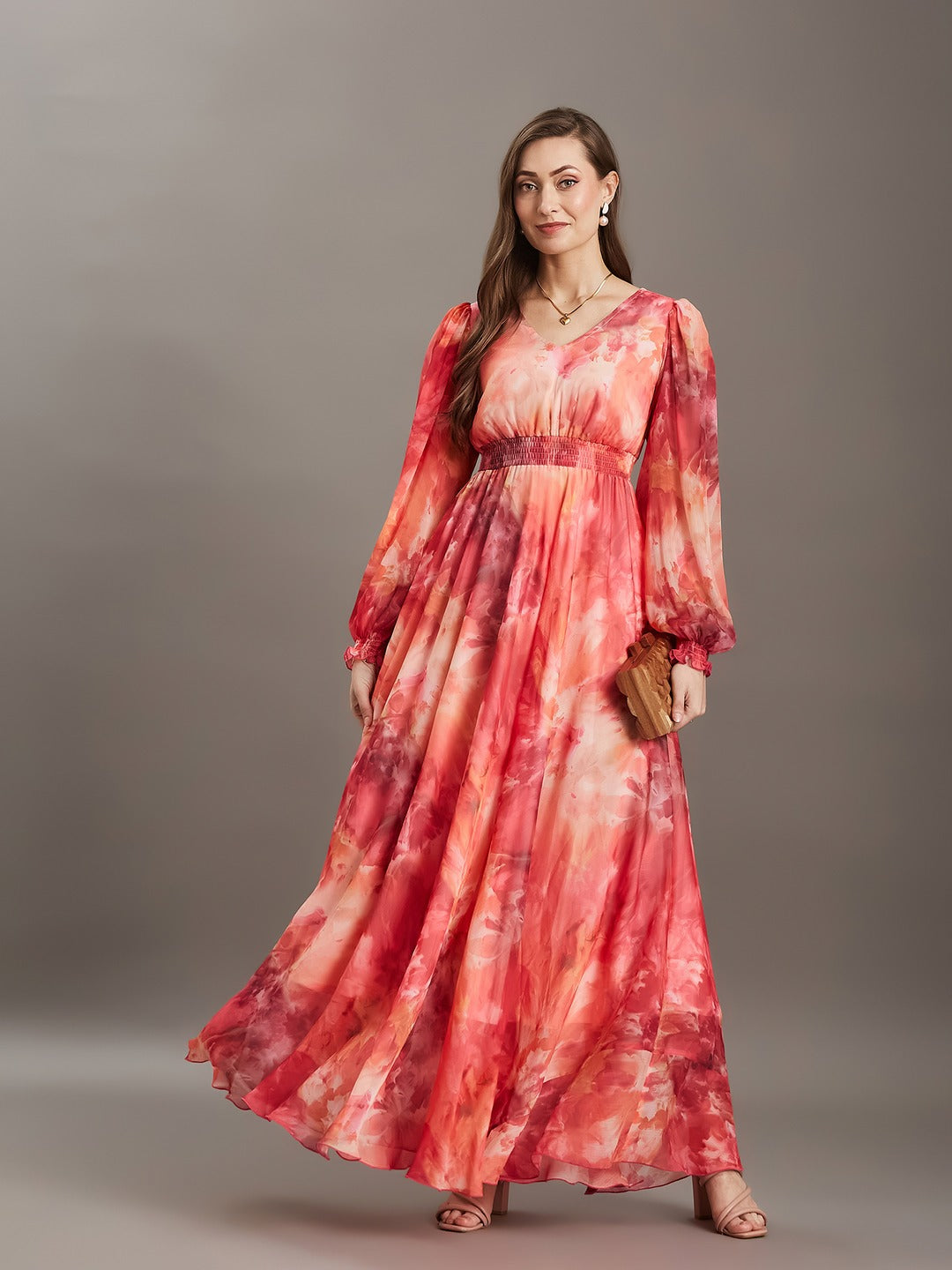 Flame Orange & Pink Floral V-Neck Bishop Sleeve Smocked Chiffon Maxi Dress for Women