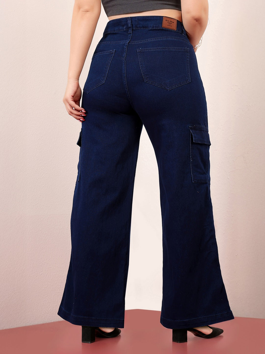 Navy Blue Wide-Leg High-Rise Stretchable Denim Cargo Jeans for Women