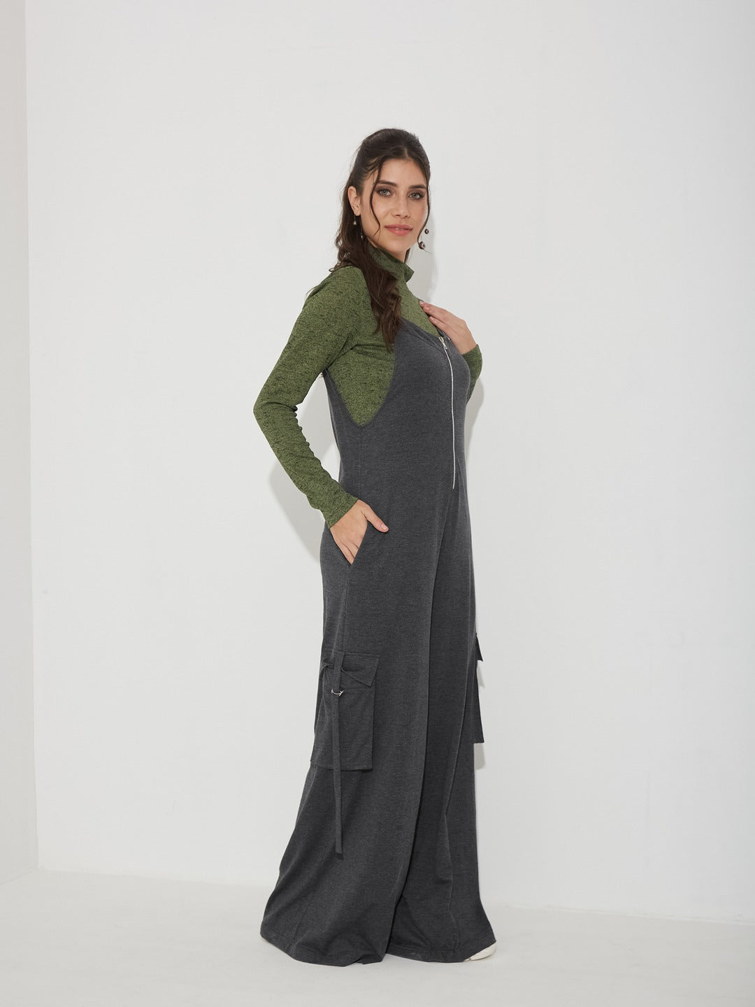 Charcoal Grey and Green Turtle Neck Full Sleeve Solid Regular Fit Cotton Dungaree Co-Ord Set for Women