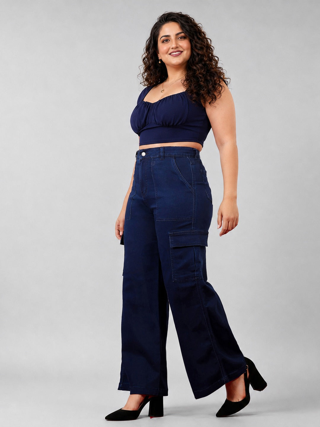 Navy Blue Wide-Leg High-Rise Stretchable Denim Cargo Jeans for Women